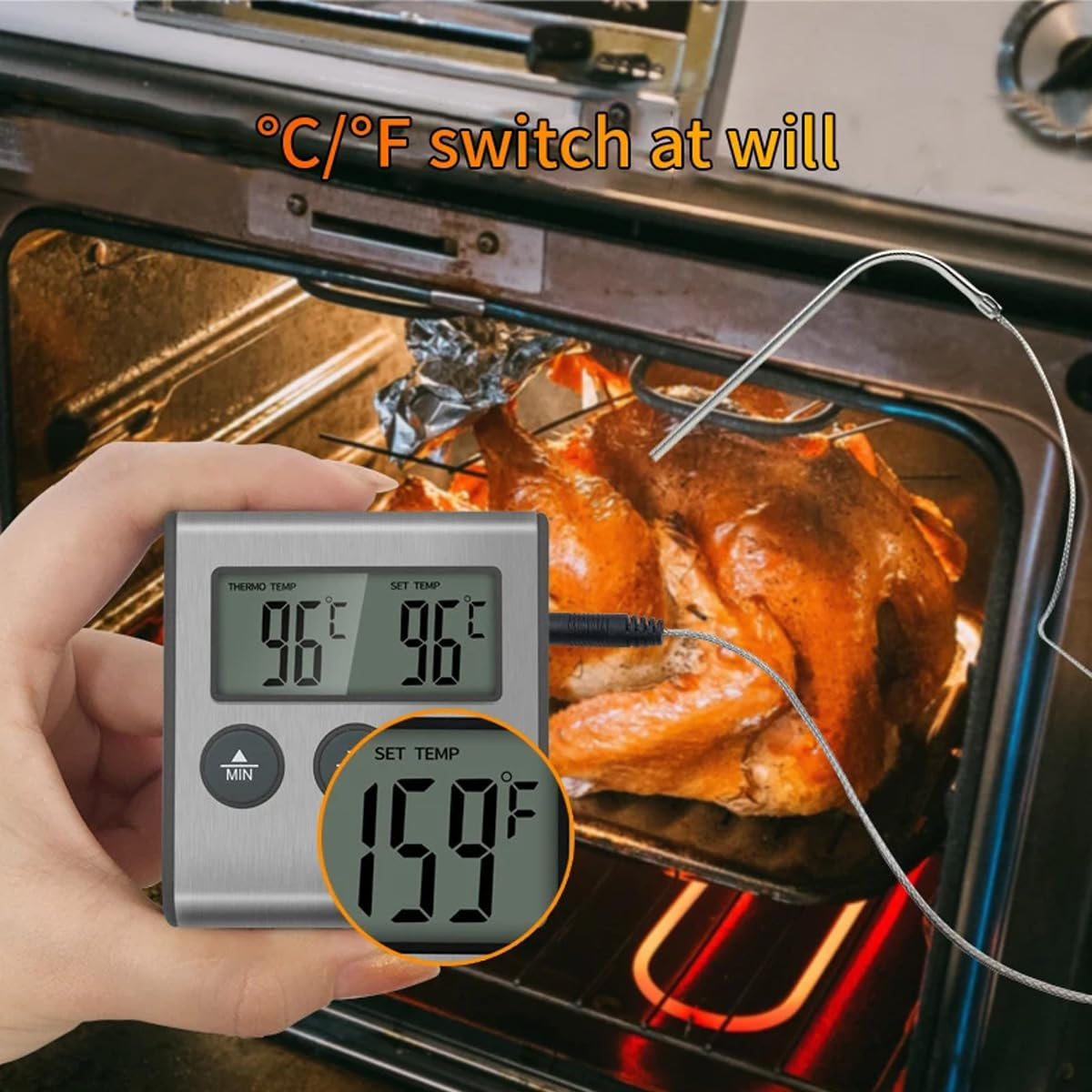 Eine Hand hält ein Thermometer, das 96 °C anzeigt. Im Ofen gart ein gebratener Truthahn. Eine Sonde steckt im Truthahn.