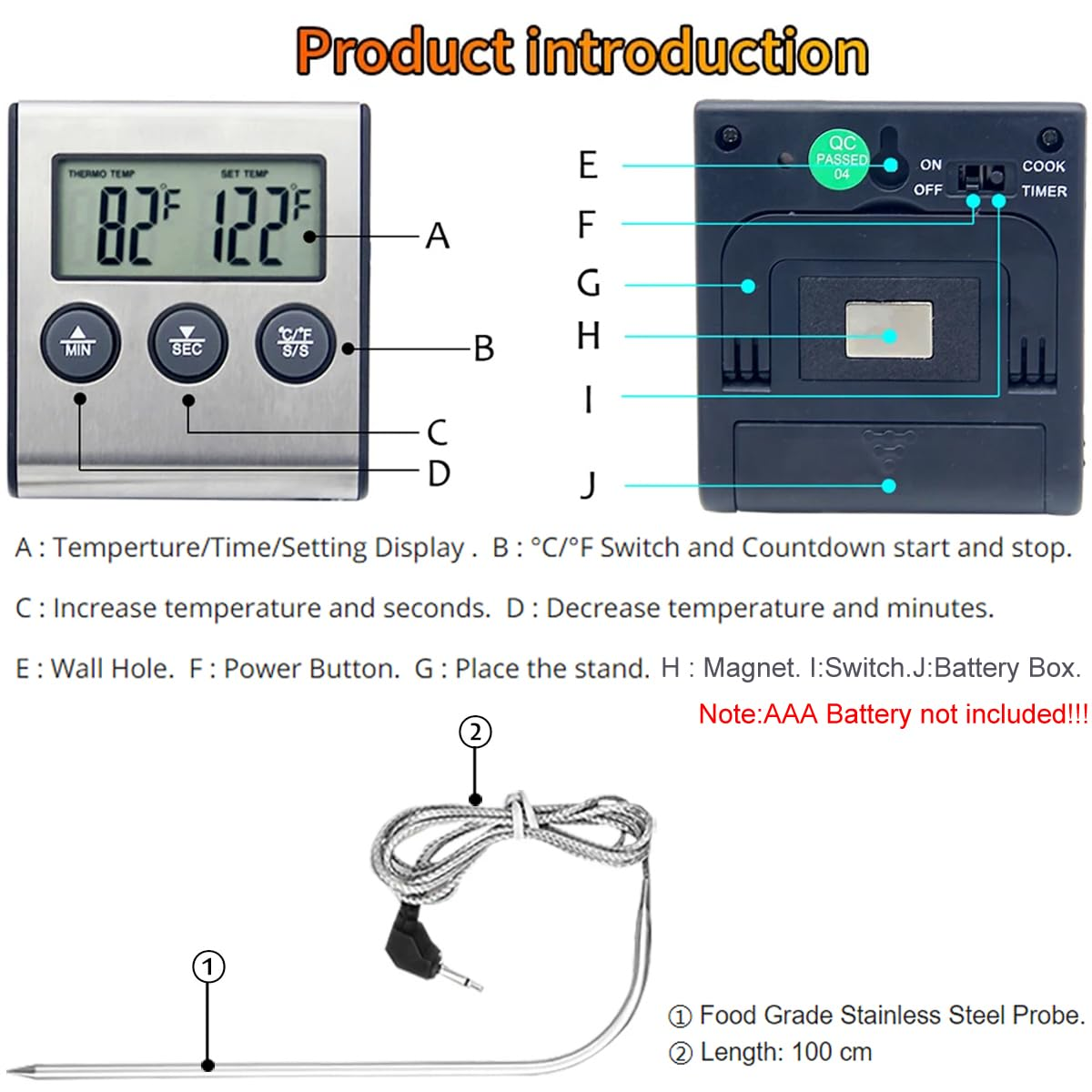 Produktvorstellungsbild eines digitalen Thermometers mit Sonde und Etiketten.