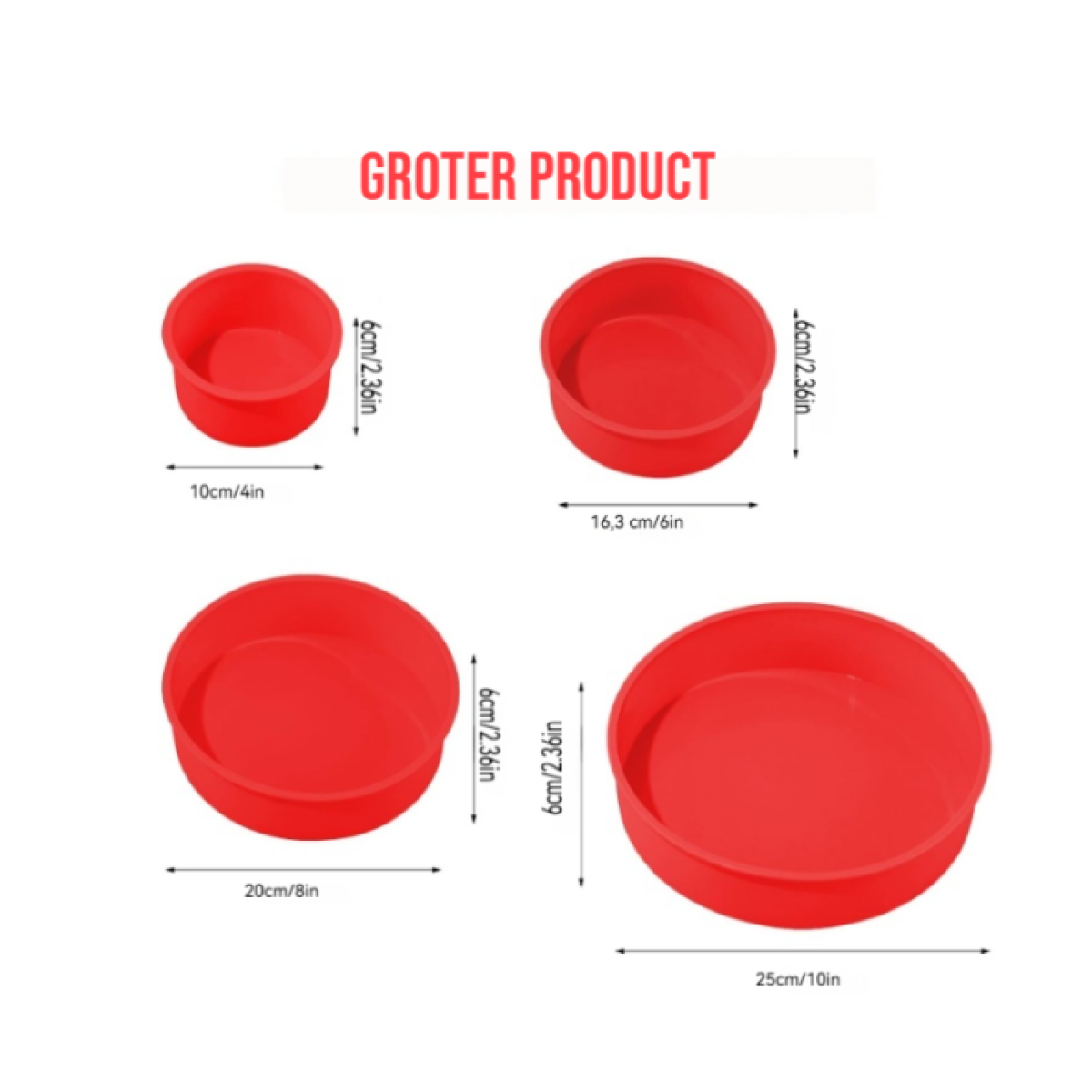 Das Bild zeigt vier rote, runde Backformen in verschiedenen Größen. Abmessungen und Produktname sind angegeben.