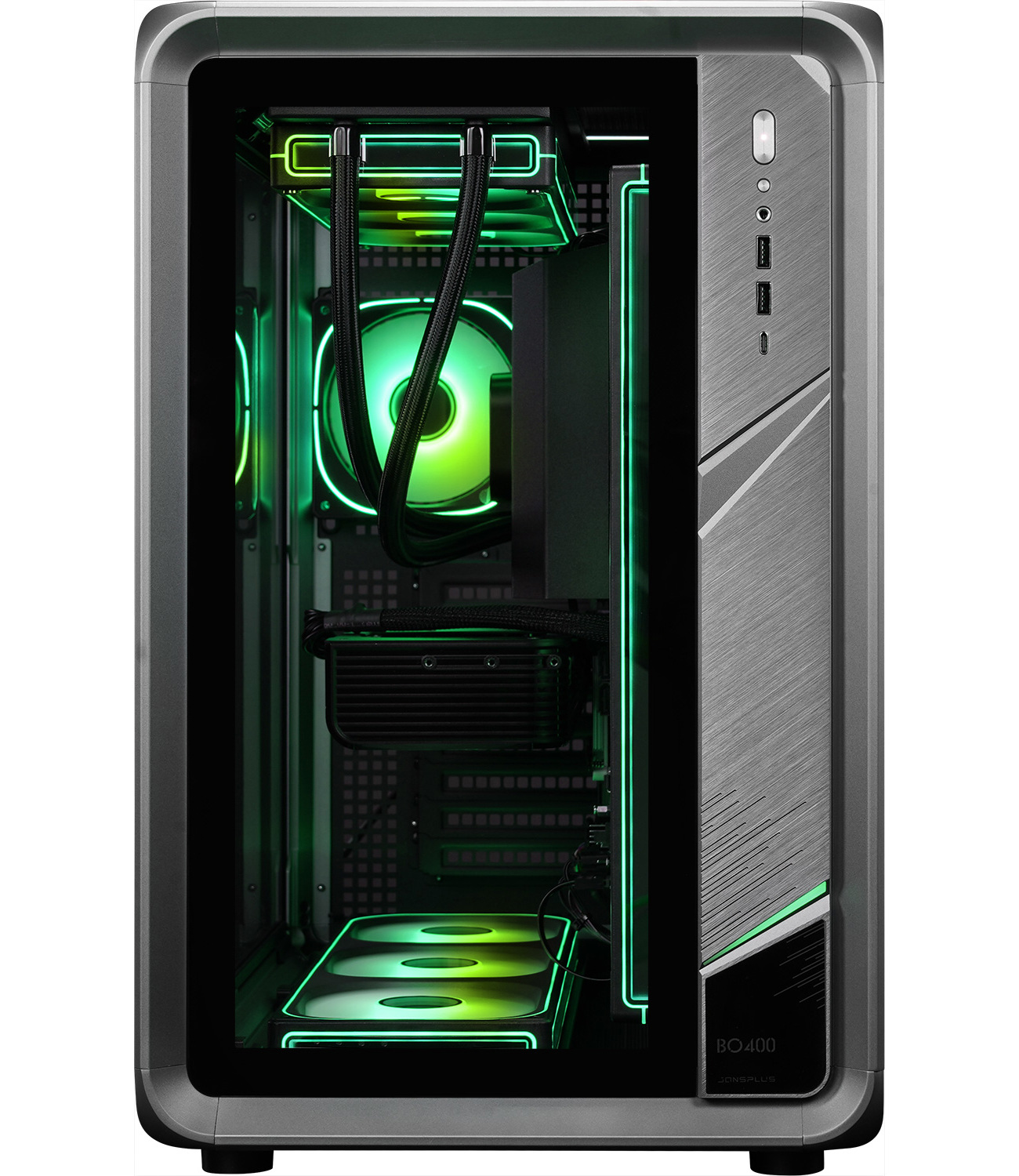 Een computerkast met een glazen zijpaneel. Binnenin verlichten groene LED-lampjes componenten zoals ventilatoren en een vloeistofkoeler.