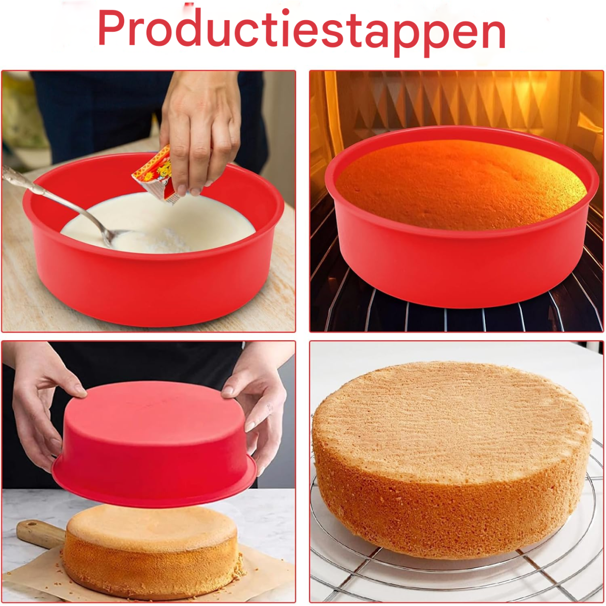 Schritte des Kuchenbackens: Zutaten mischen, im Ofen backen, aus der Form nehmen und der fertige Kuchen auf einem Gitter.