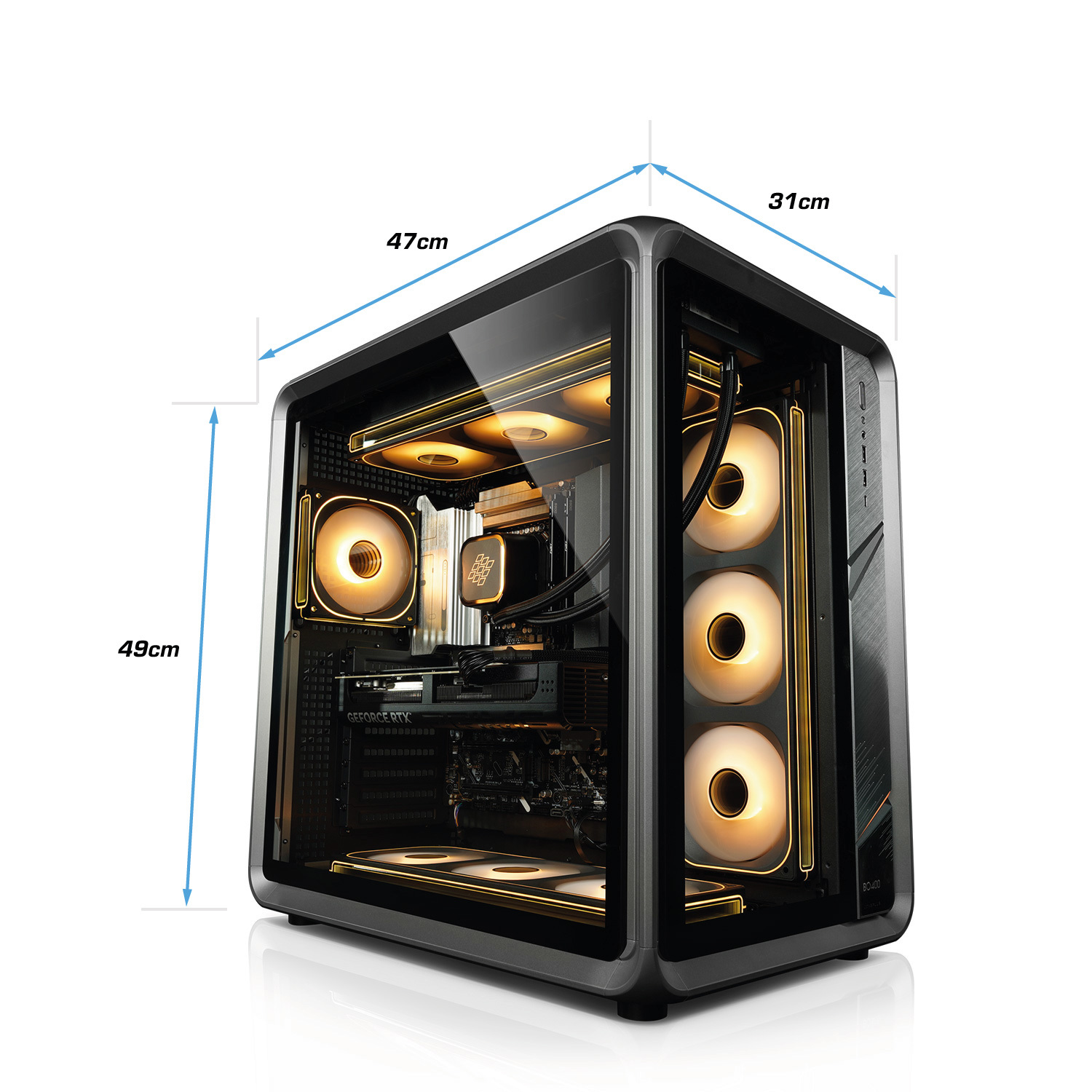 Een computerkast met afmetingen. Binnenin zijn ventilatoren met geel licht en een grafische kaart zichtbaar door het glas.