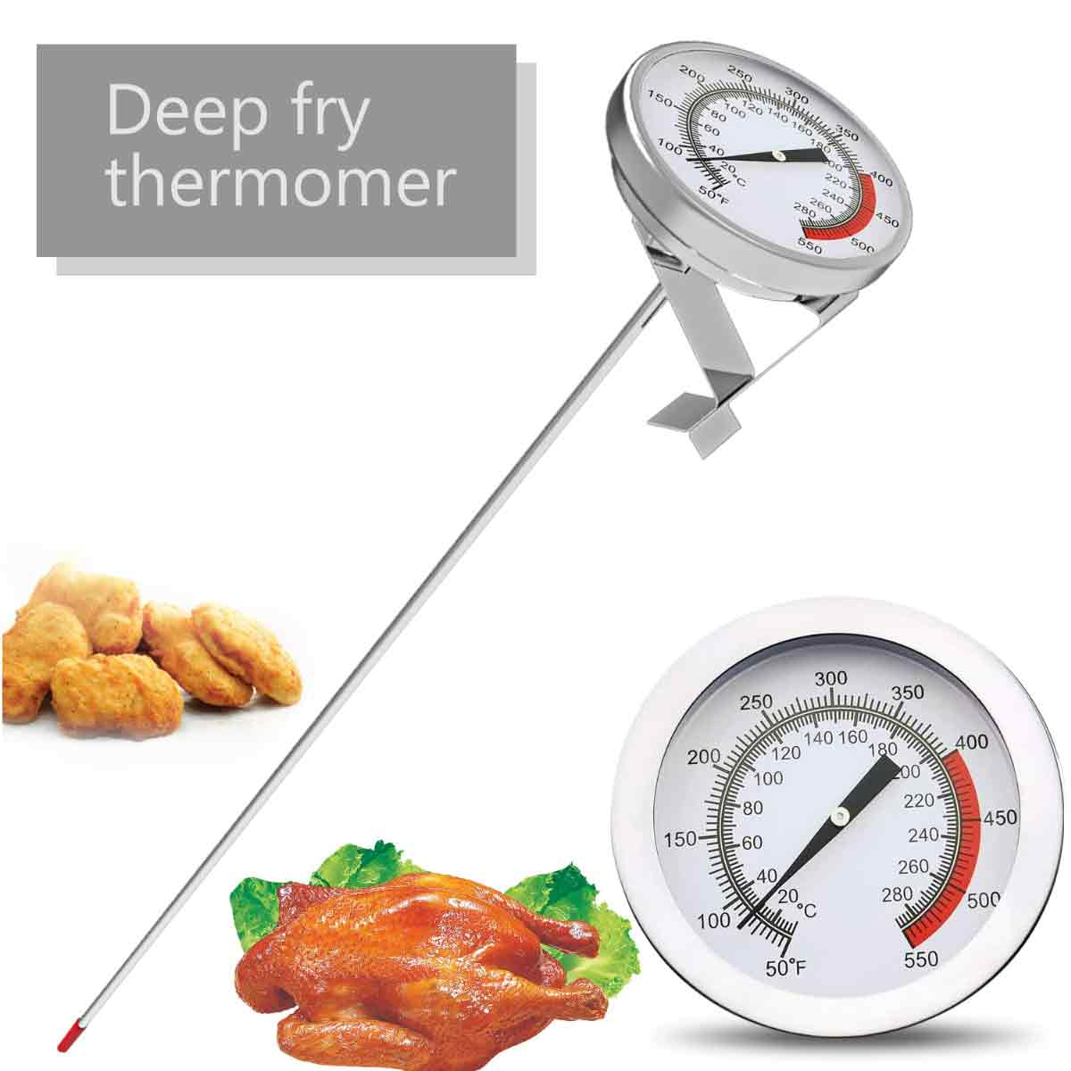 Ein Bratenthermometer mit Hähnchen, Nuggets und einem zweiten Messgerät. Zeigt Temperaturmesswerte für das Kochen.