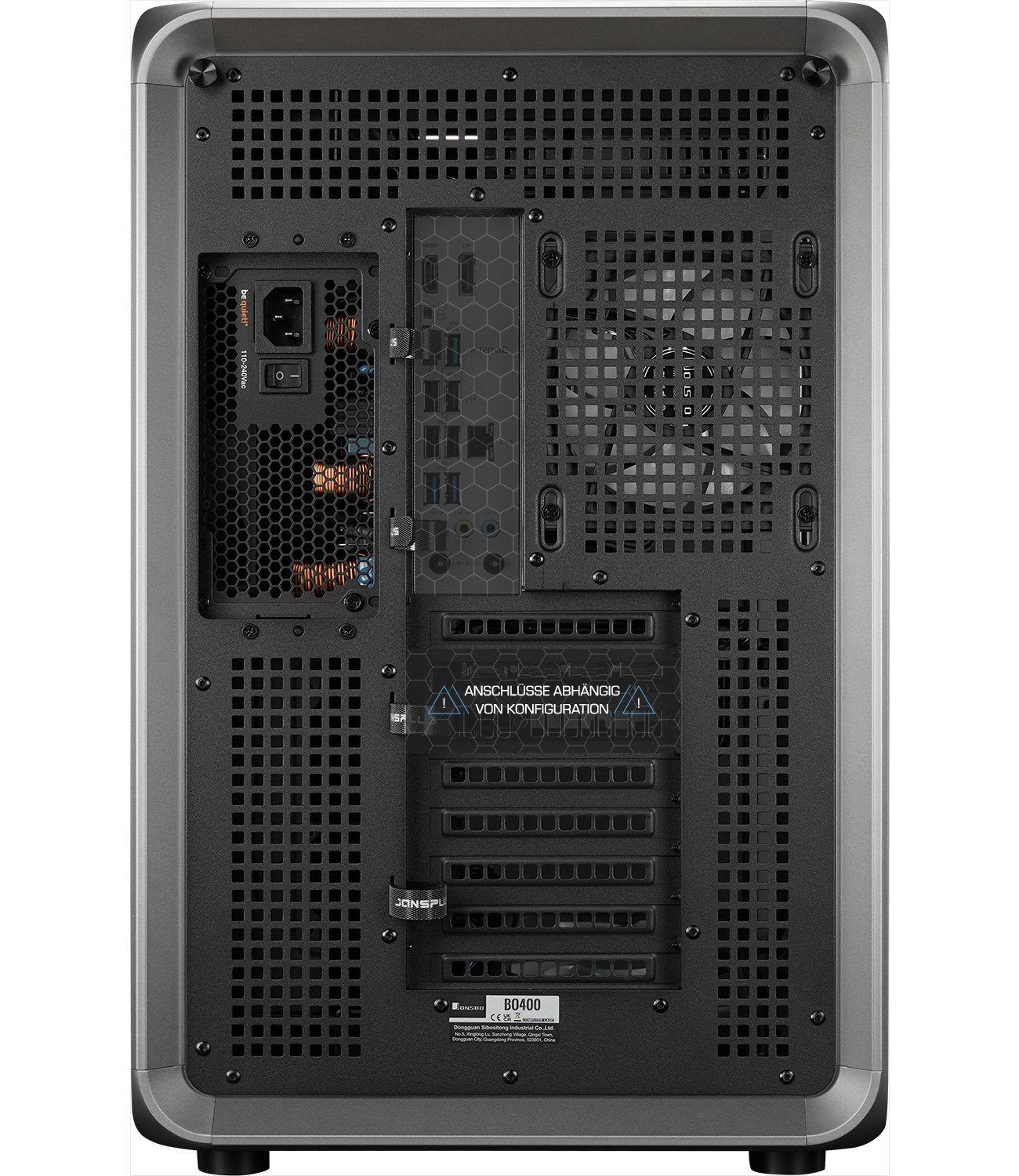 Achteraanzicht van een computerkast met voeding, ventilator en diverse poorten. Het heeft een zwart-grijs ontwerp.