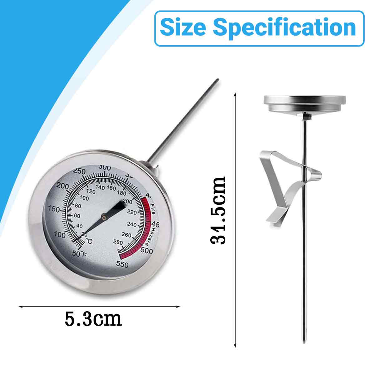 Ein Metallthermometer mit Temperaturanzeige, Sonde und Clip. Größenangaben: 31,5 cm und 5,3 cm.