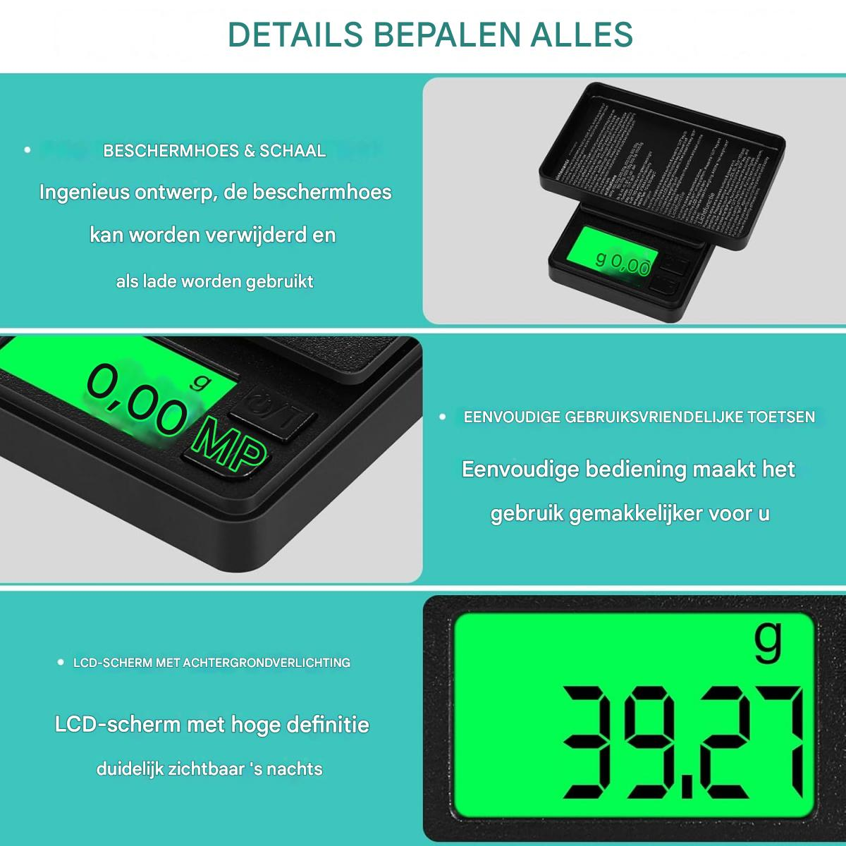 Das Bild zeigt eine Digitalwaage mit 39,27g. Es gibt drei Nahaufnahmen der Waage mit Textbeschreibungen.