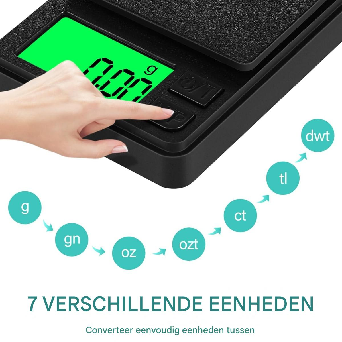Eine Hand drückt eine Taste auf einer schwarzen Waage. Die Waage zeigt '0,00 g'. Verschiedene Maßeinheiten werden in Kreisen angezeigt.