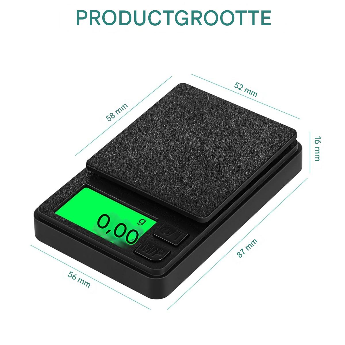 Eine schwarze Digitalwaage zeigt 0,00 g auf einem grünen Bildschirm an. Abmessungen sind beschriftet: 56 mm, 58 mm, 52 mm, 87 mm und 16 mm. Text lautet PRODUCTGROOTTE.