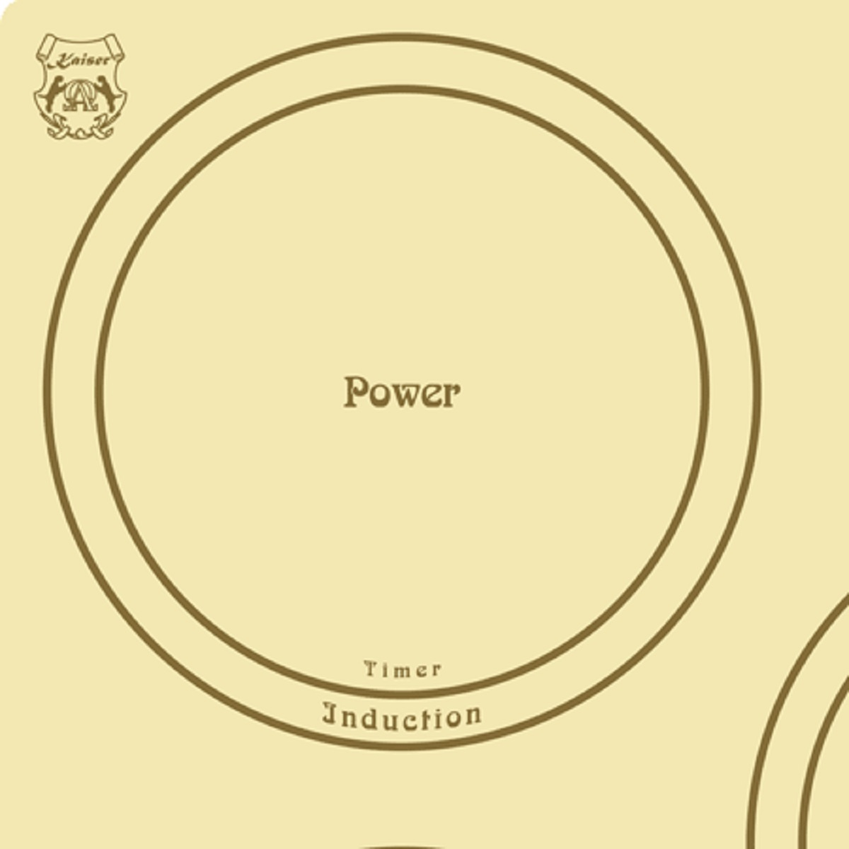 Detail eines cremefarbenen Induktionskochfelds. Das Wort 'Power' steht in der Mitte. 'Timer' und 'Induktion' unten im Kreis.