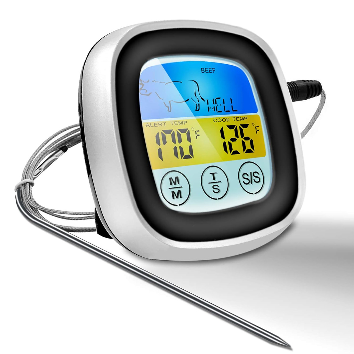Digitales Fleischthermometer. Zeigt Alarm- und Kochtemperaturen an. Inklusive Sonde und Tasten für Einstellungen.