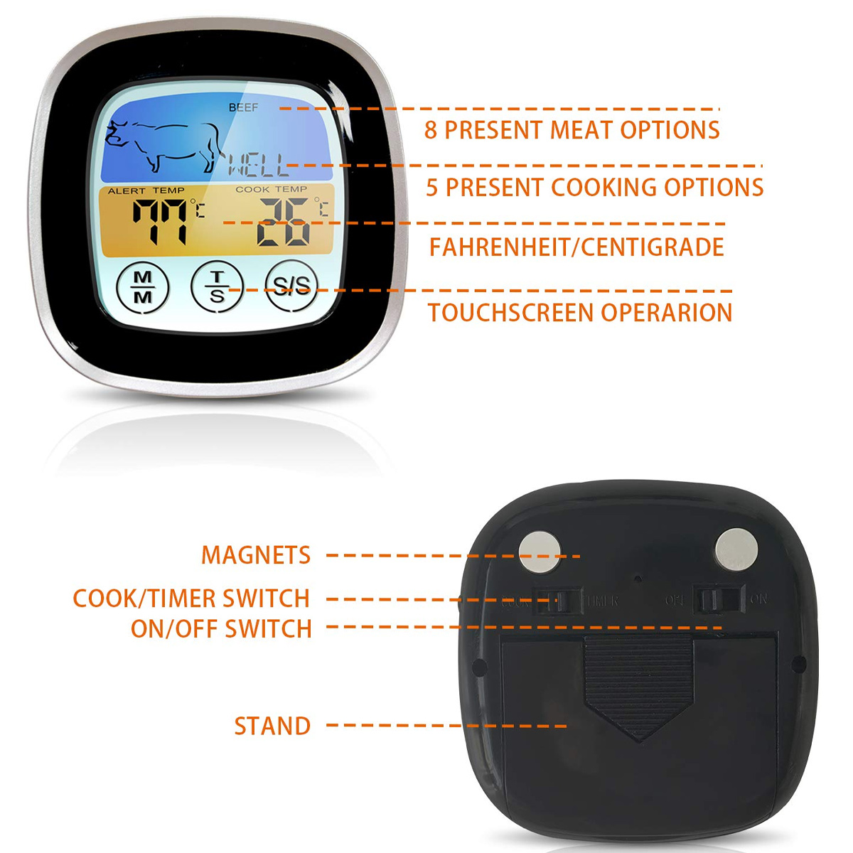 Ein digitales Fleischthermometer mit Anzeige von Temperatur, Fleischoptionen, Garoptionen und Touchscreen-Bedienung. Schwarzes Gehäuse.