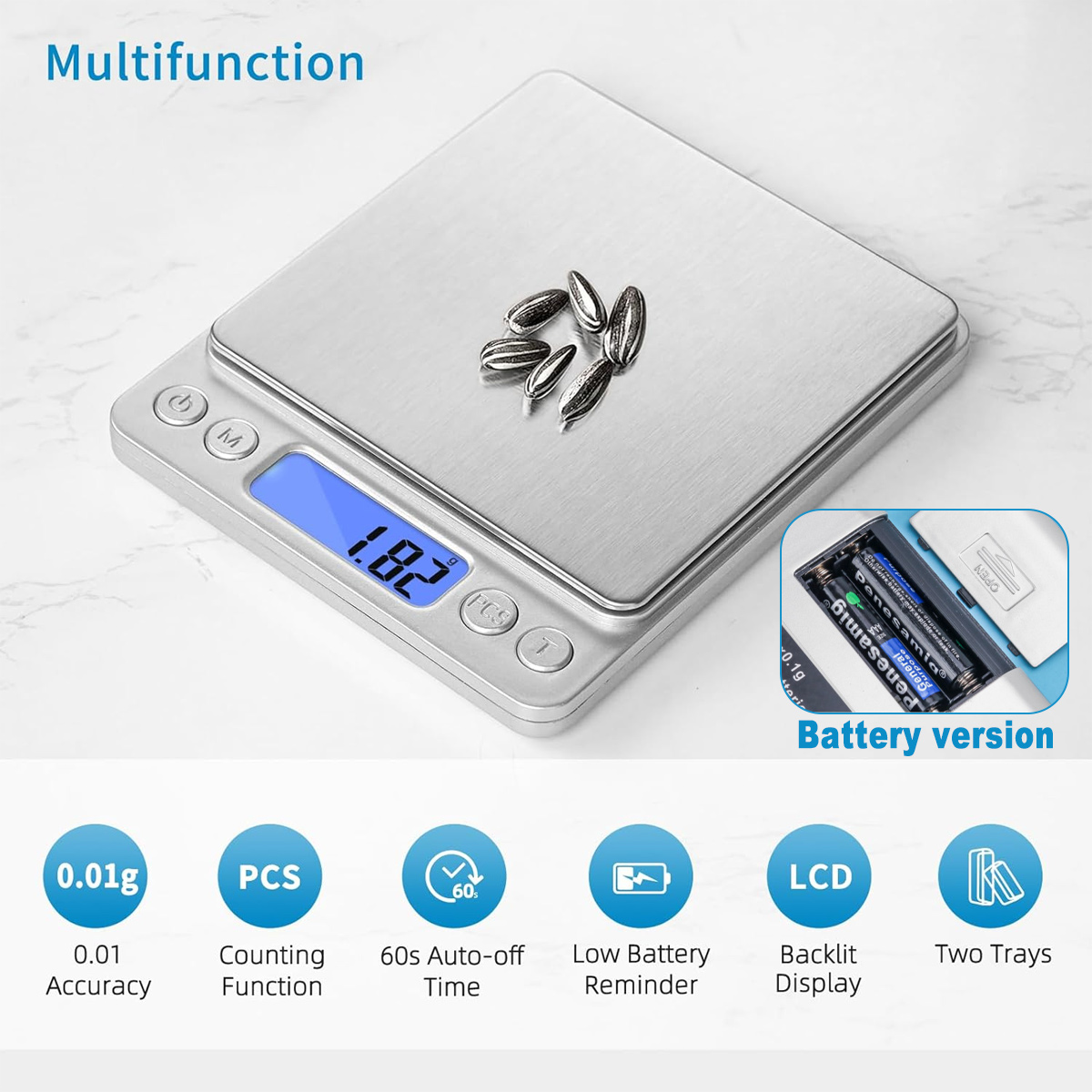 Eine Digitalwaage mit Samen oben drauf. Das Display zeigt 1,82 an. Merkmale sind Genauigkeit, Zählen, Abschaltautomatik, niedriger Batteriestand und zwei Schalen.