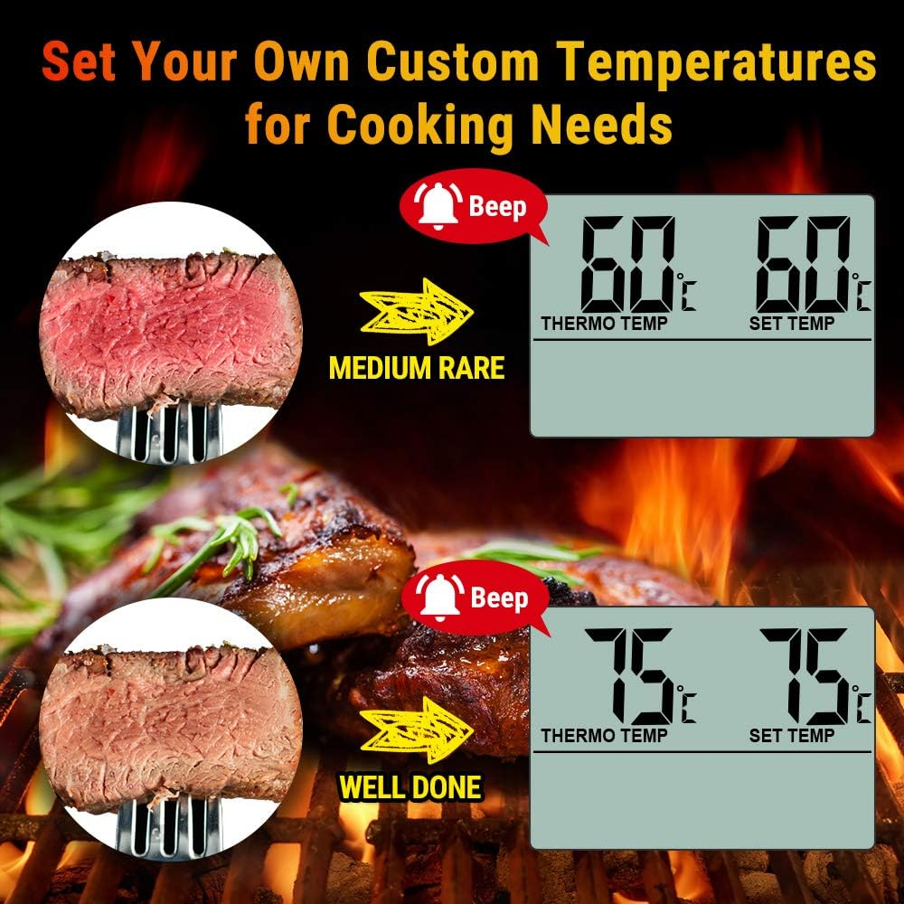 Bild zeigt Kochtemperaturen. Medium rare und durchgebratene Steaks mit Thermometern, die Temperaturen anzeigen. Text: Eigene Temperaturen einstellen.
