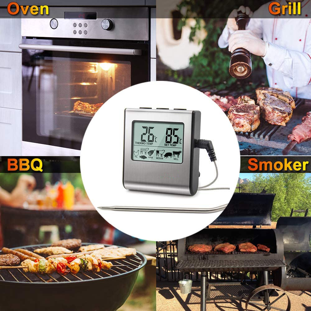 Das Bild zeigt ein digitales Thermometer mit vier Kochszenarien: Ofen, Grill, BBQ und Smoker, jeweils mit Essen.