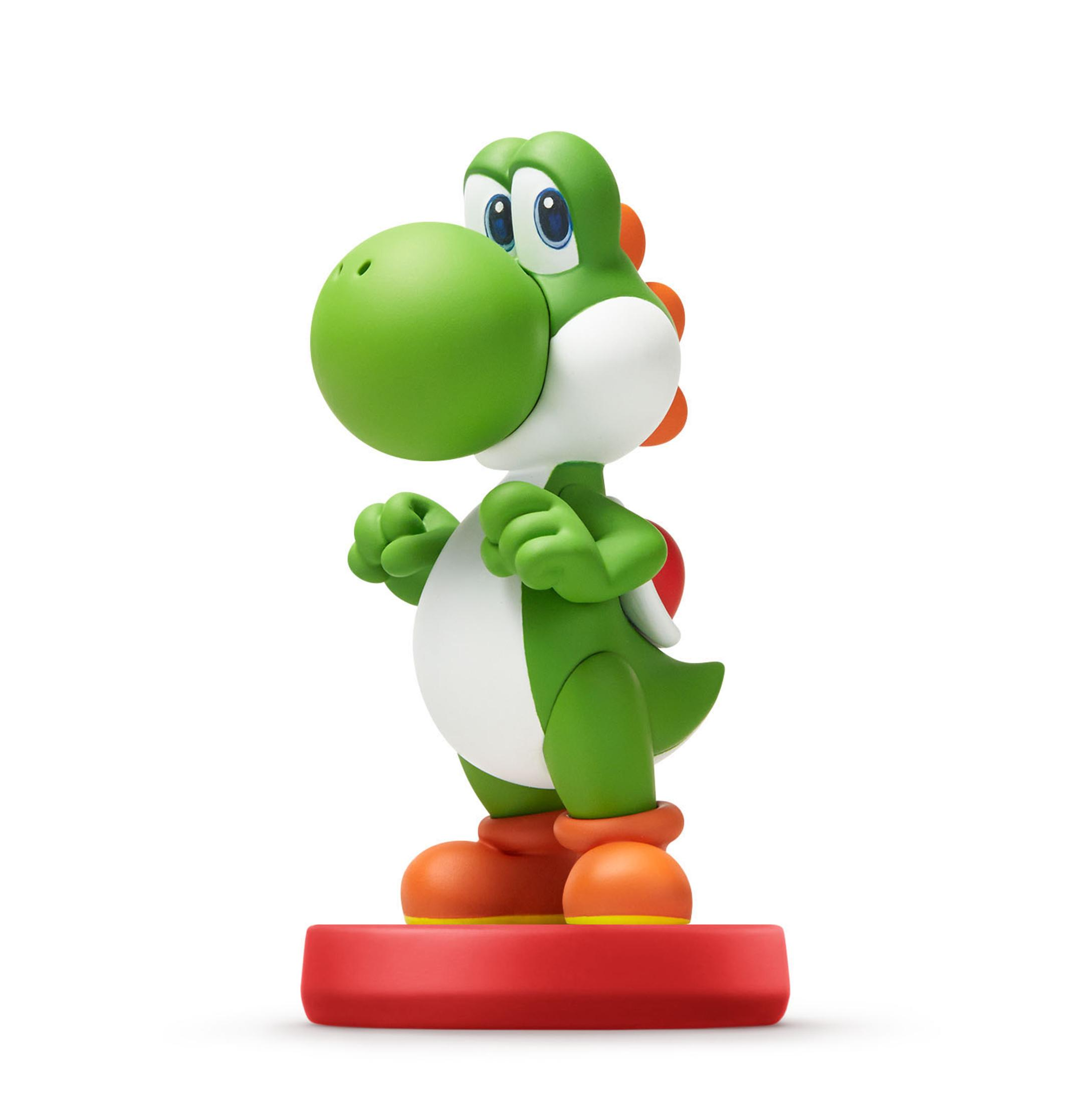 Eine grüne Yoshi-Figur steht auf einem roten Sockel. Sie hat orangefarbene Schuhe und einen Sattel, einen weißen Bauch und blaue Augen.