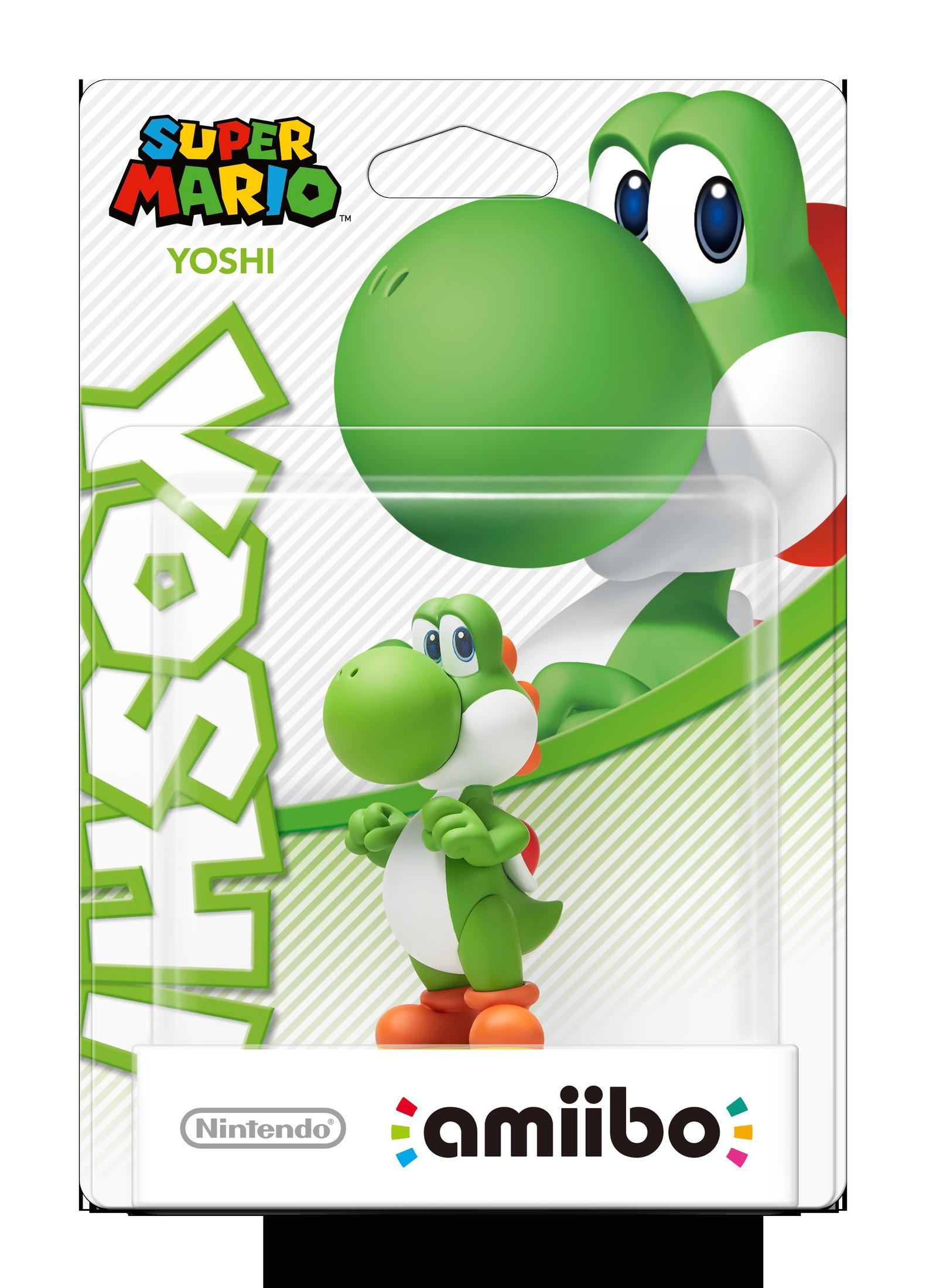 Yoshi-Amiibo-Figur in Verpackung. Grüne Yoshi-Figur mit orangefarbenen Schuhen, auf grün-weißem Hintergrund. Super Mario Logo.