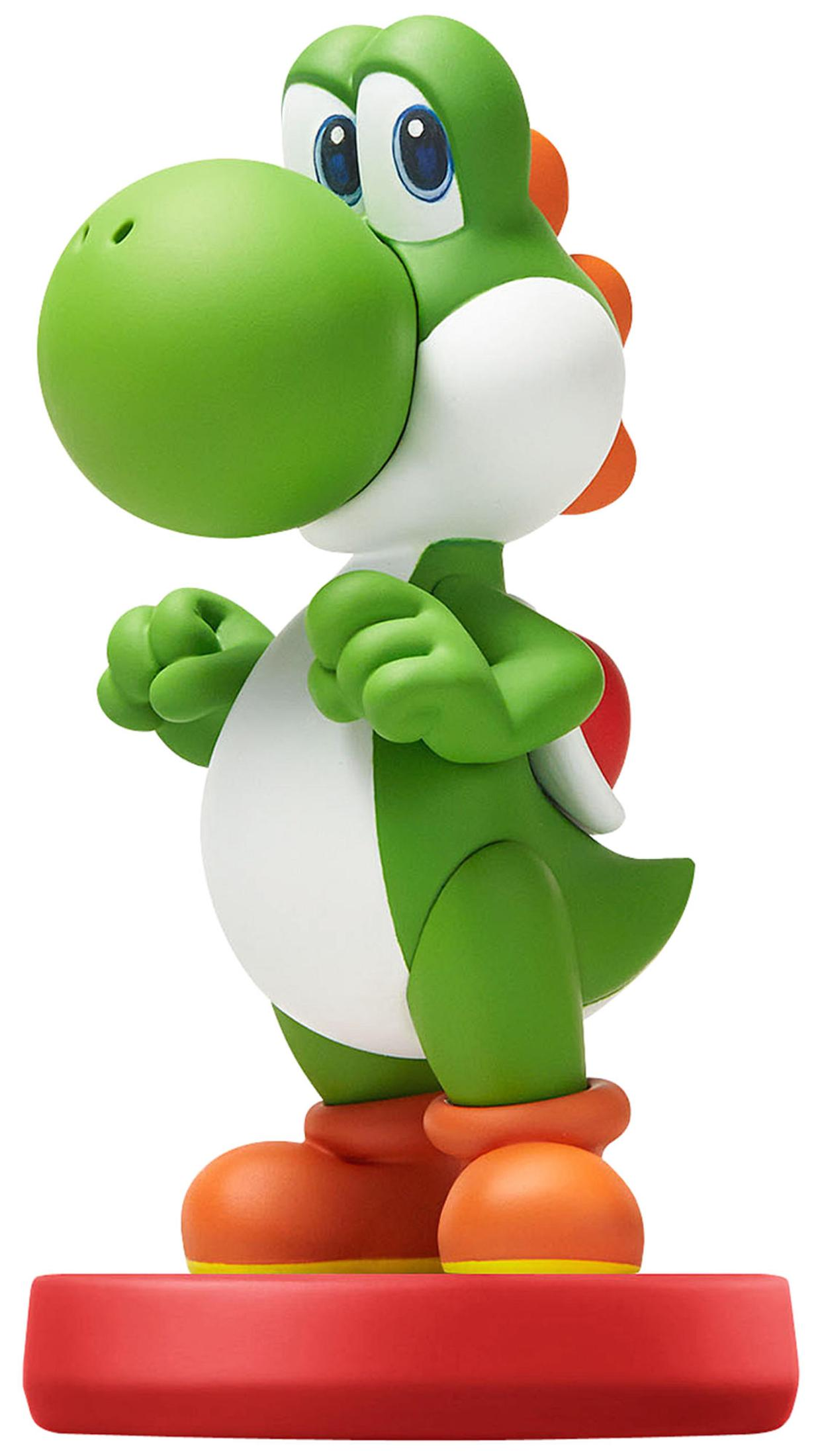 Eine grüne Yoshi-Figur. Es hat eine große Schnauze, blaue Augen und orangefarbene Schuhe. Es steht auf einem roten Sockel.