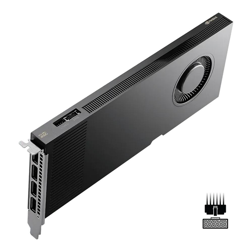 Eine schwarze Nvidia RTX A4000 Grafikkarte. Sie hat einen Lüfter und mehrere Anschlüsse. Das Nvidia-Logo ist oben sichtbar.