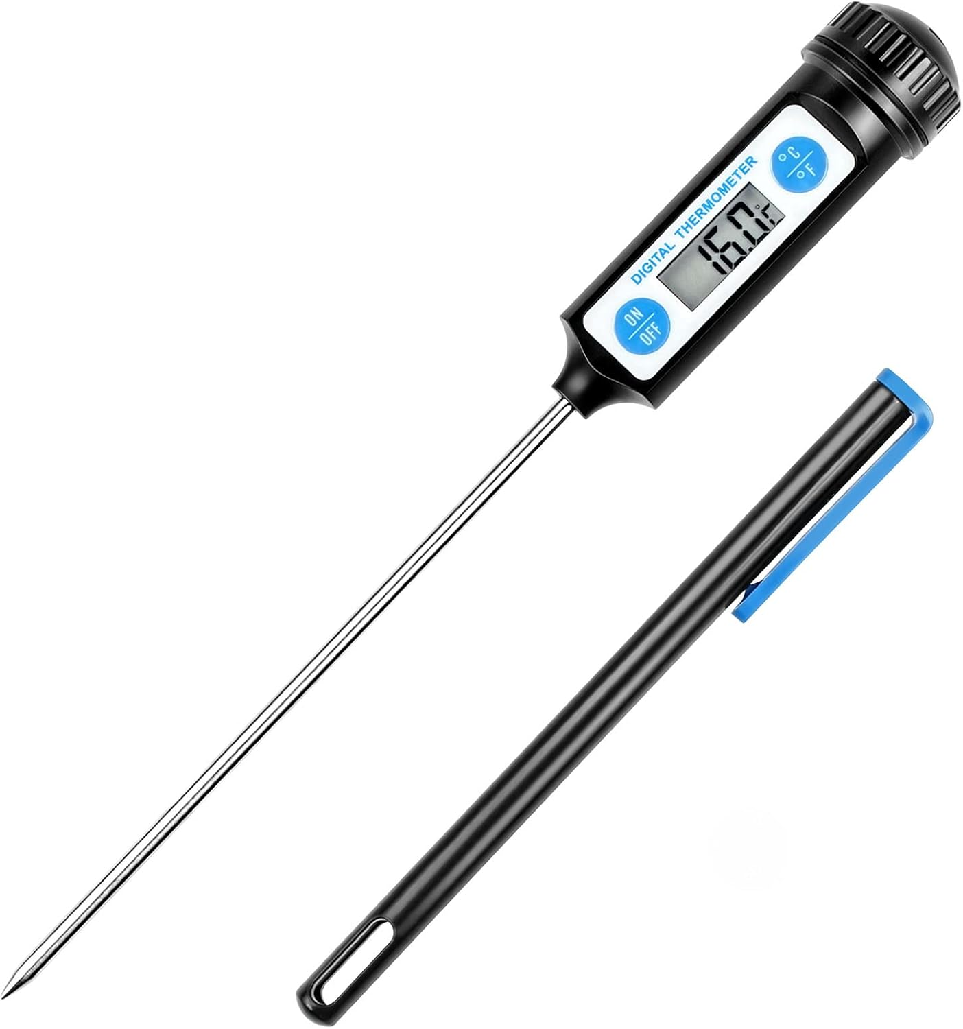 Ein digitales Thermometer mit langer Sonde und einem schwarzen stiftähnlichen Gehäuse mit blauem Deckel.
