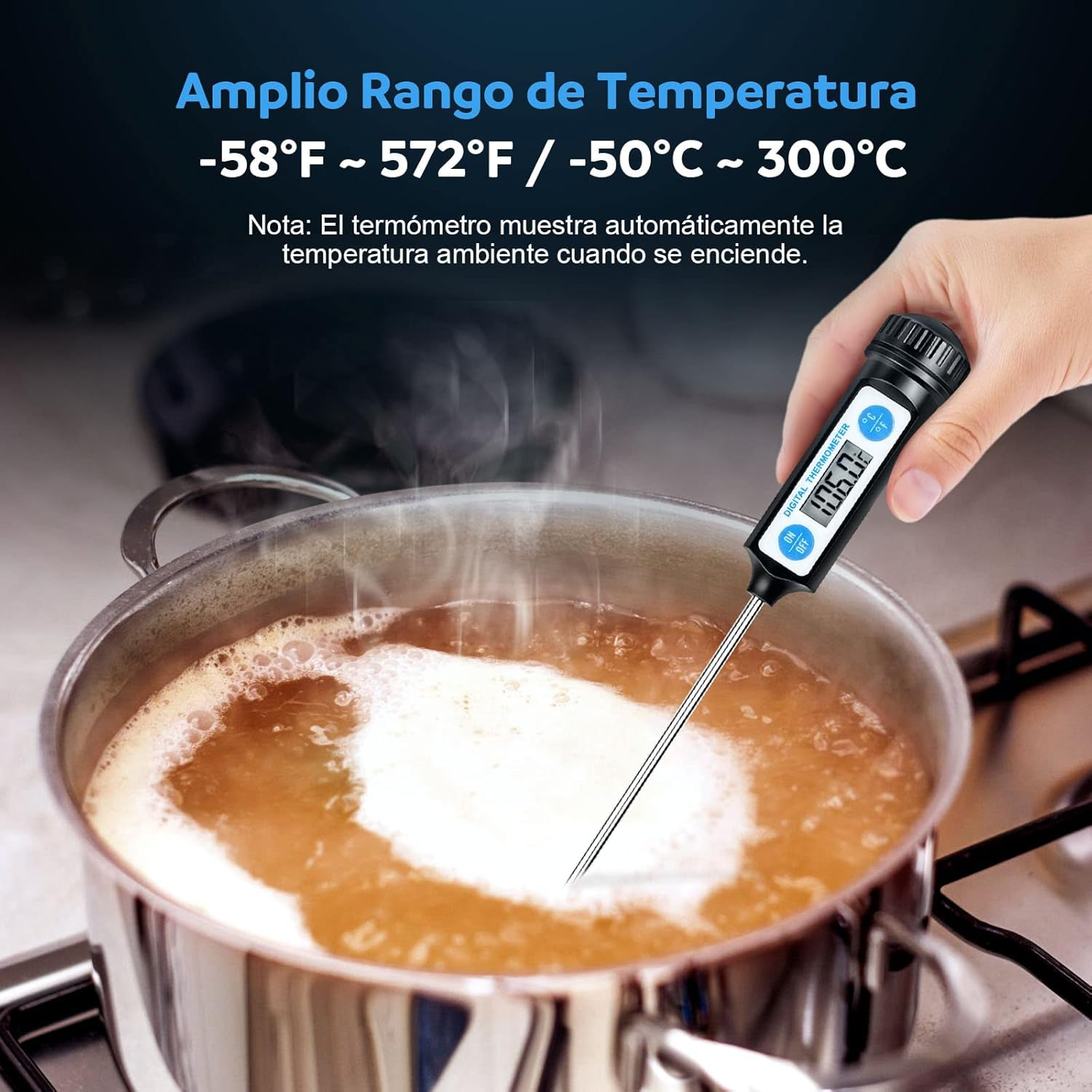 Eine Hand hält ein digitales Thermometer in kochender Flüssigkeit. Das Thermometer zeigt 106,0 an. Der Text oben sagt Temperaturbereich.