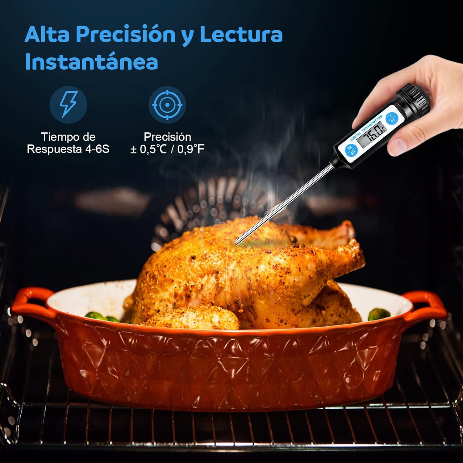 Eine Hand hält ein digitales Thermometer in einem Huhn. Das Huhn befindet sich in einer roten Backform. Text: 'Alta Precision y Lectura Instantánea'.