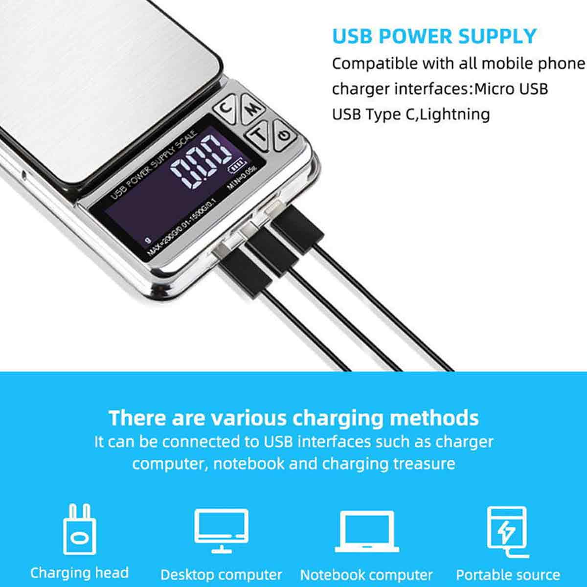 Eine Digitalwaage mit Anzeige '0.000'. Kabel sind angeschlossen. Text enthält 'USB Power Supply' und Ladeoptionen.