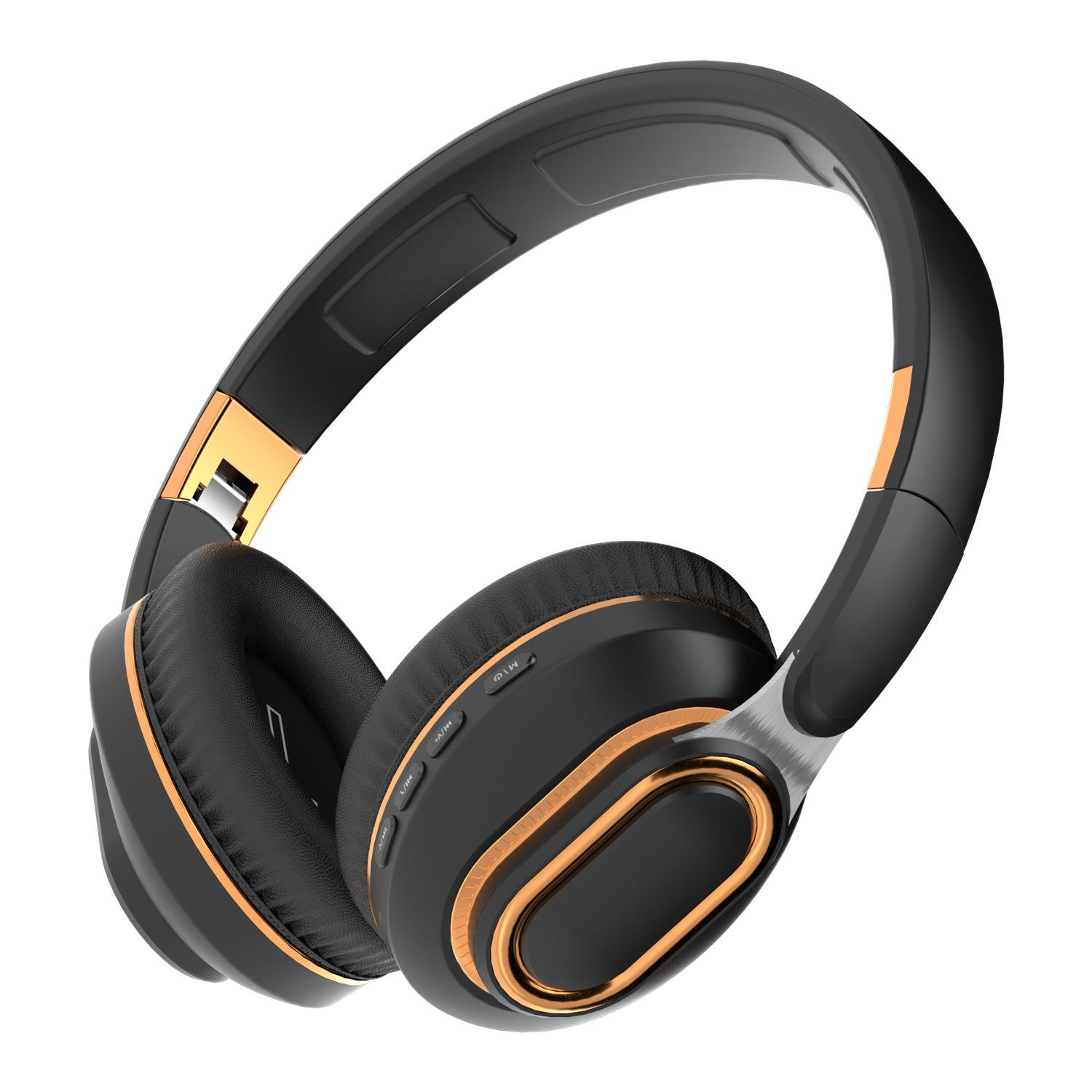 Schwarze und goldene Kopfhörer mit geschwungenem Design. Die Ohrmuscheln sind schwarz mit goldenen Akzenten. Das Kopfband ist ebenfalls schwarz mit Gold.