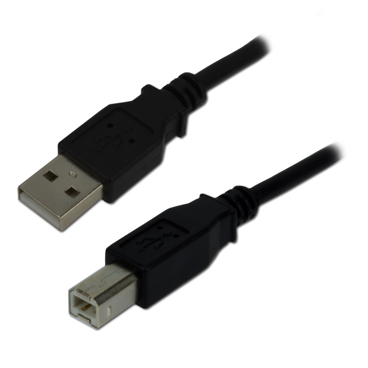 Dwa czarne kable USB ze złączami. Jeden ma prostokątną końcówkę, drugi kwadratową. Białe tło.