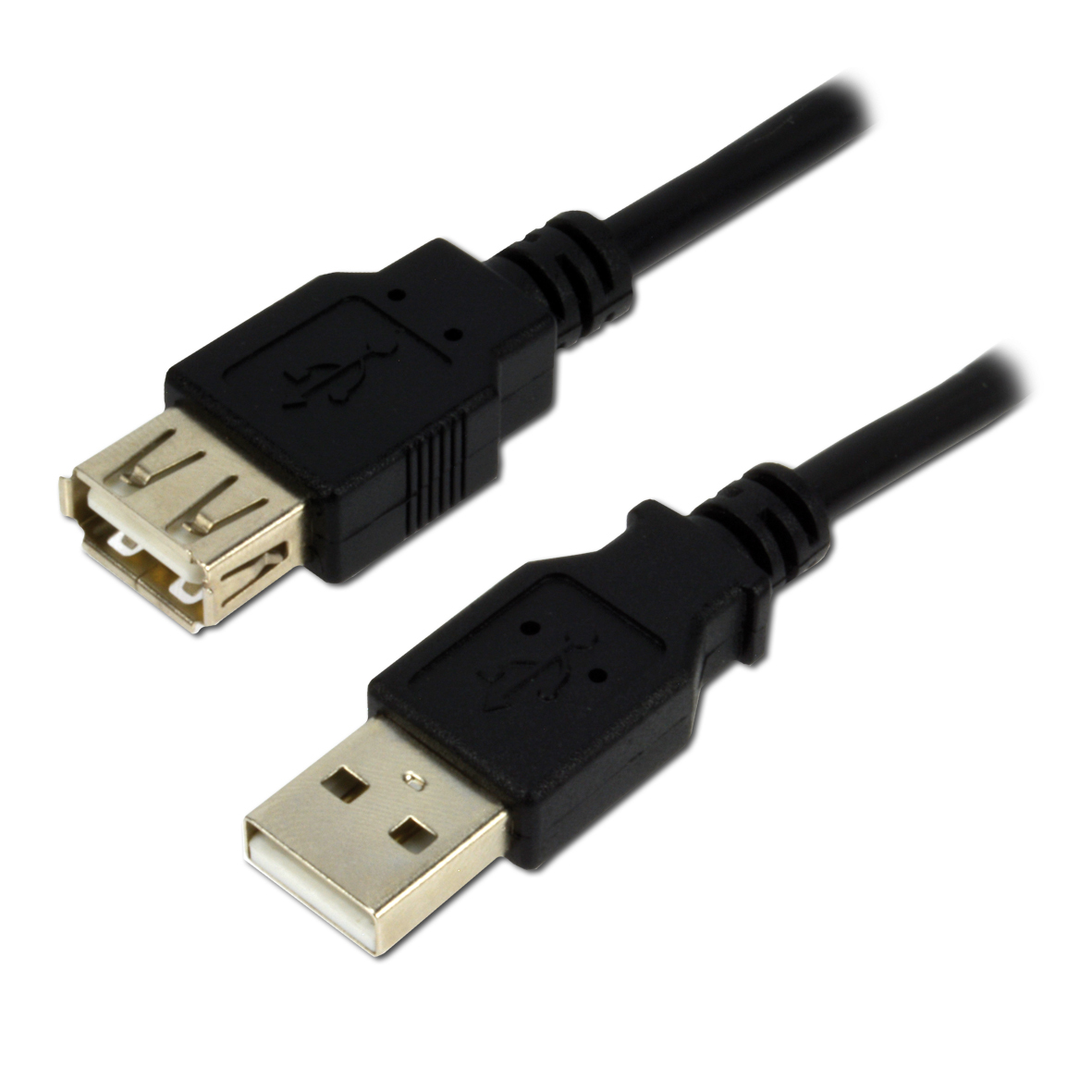 Vengono mostrati due cavi USB neri. Uno ha una porta femmina, l'altro una porta maschio. Entrambi hanno connettori argentati e sono su sfondo bianco.