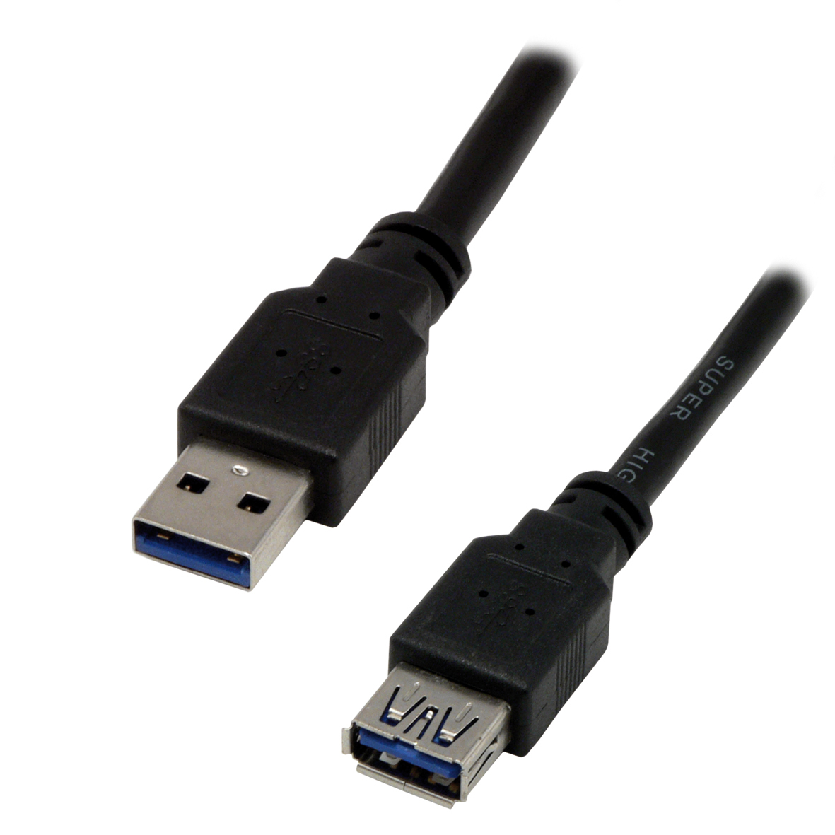 Dwa czarne kable USB z niebieskimi złączami na białym tle. Jeden to USB-A, a drugi to USB-A żeńskie.
