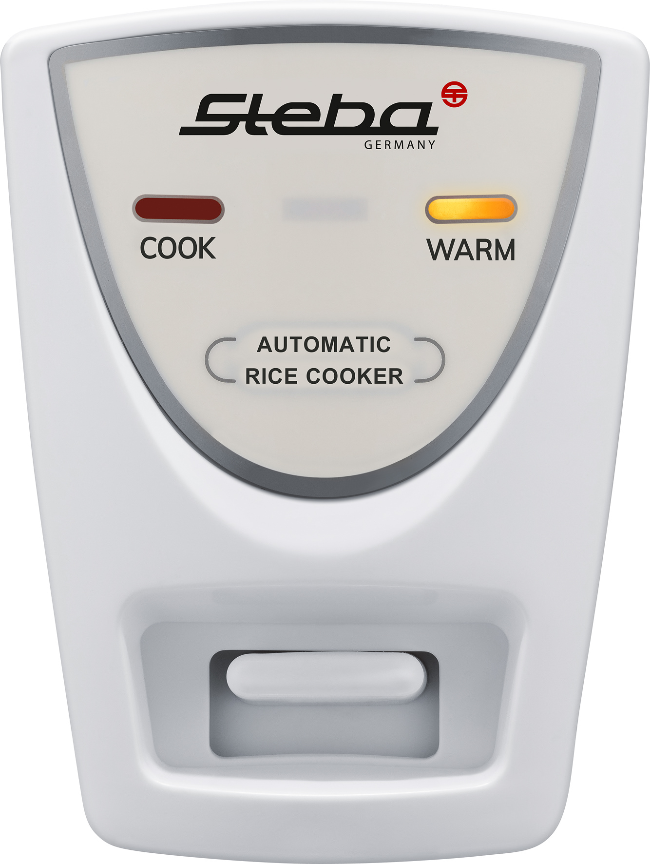 Weißer Reiskocher mit Steba-Logo und 'COOK'- und 'WARM'-Anzeigen. Verfügt über eine Taste unten.