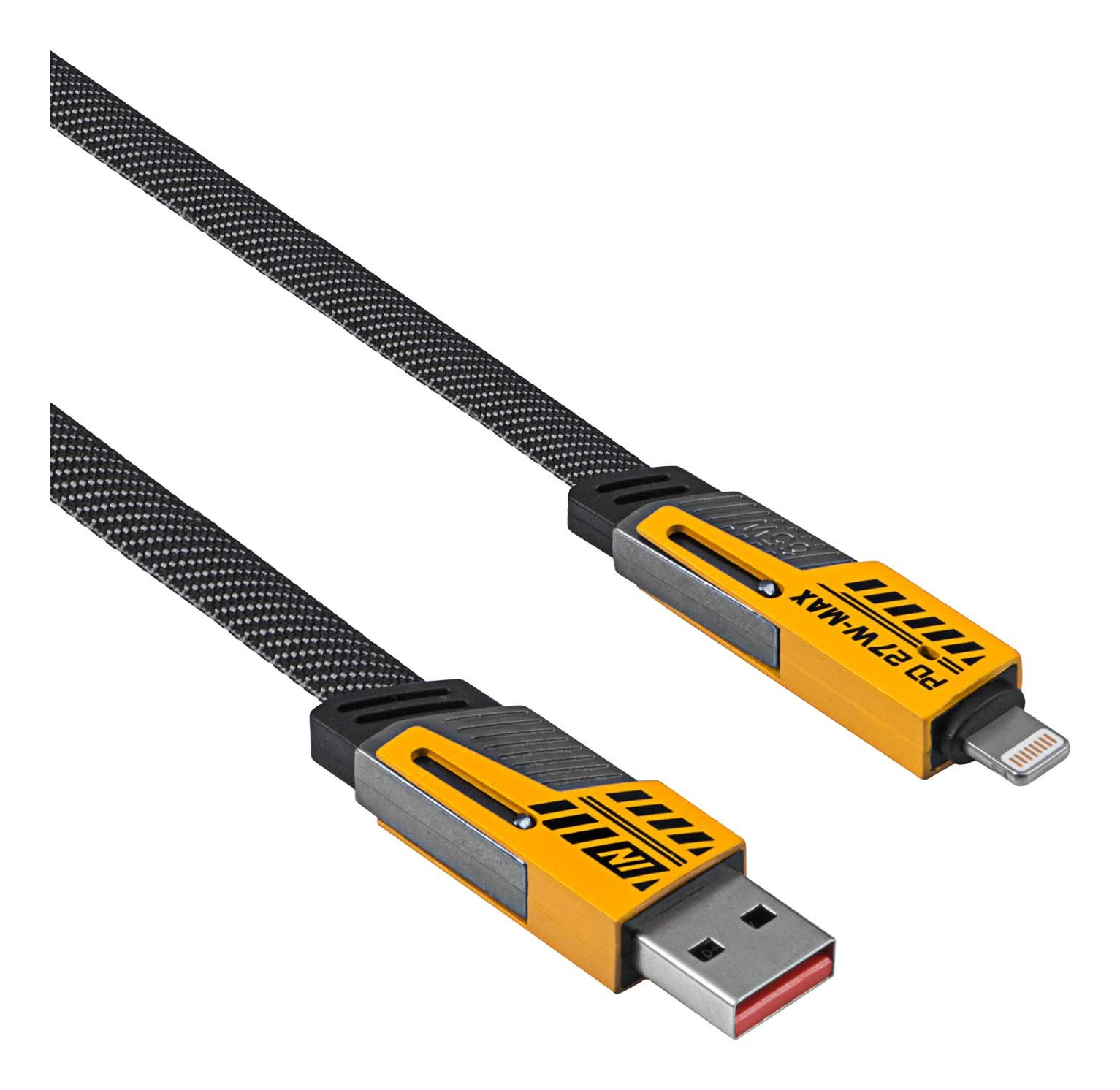 Ein gelbes und schwarzes Ladekabel auf weißem Hintergrund. Das Kabel hat einen USB- und Lightning-Anschluss.