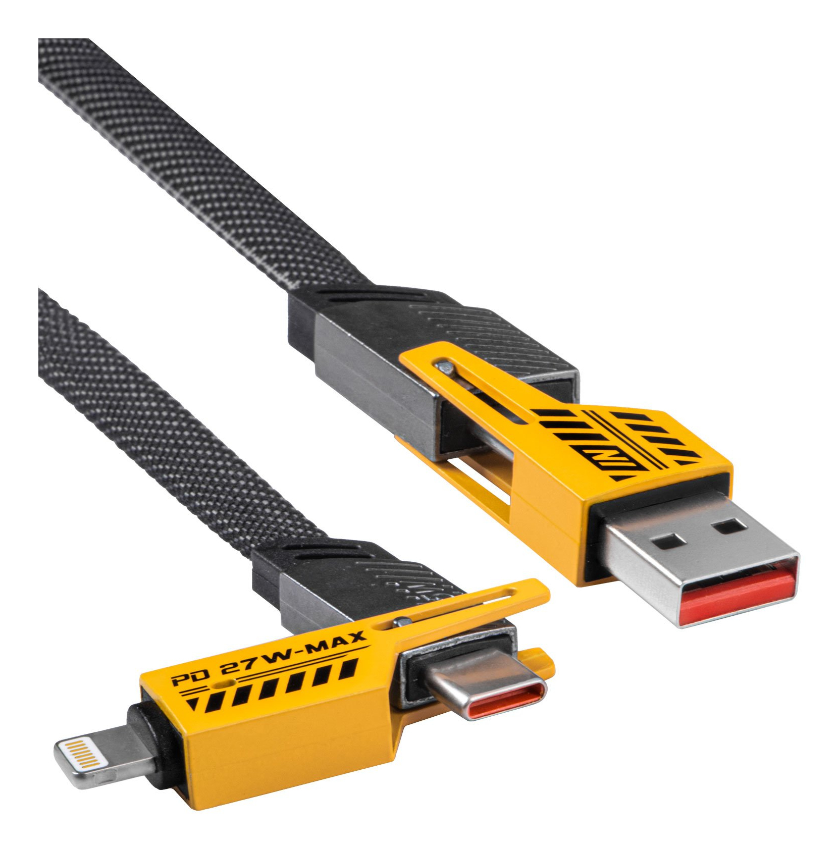 USB-Ladekabel mit schwarzem geflochtenem Kabel. Gelbe Stecker, ein USB und ein USB-C, mit roten Akzenten. Weißer Hintergrund.