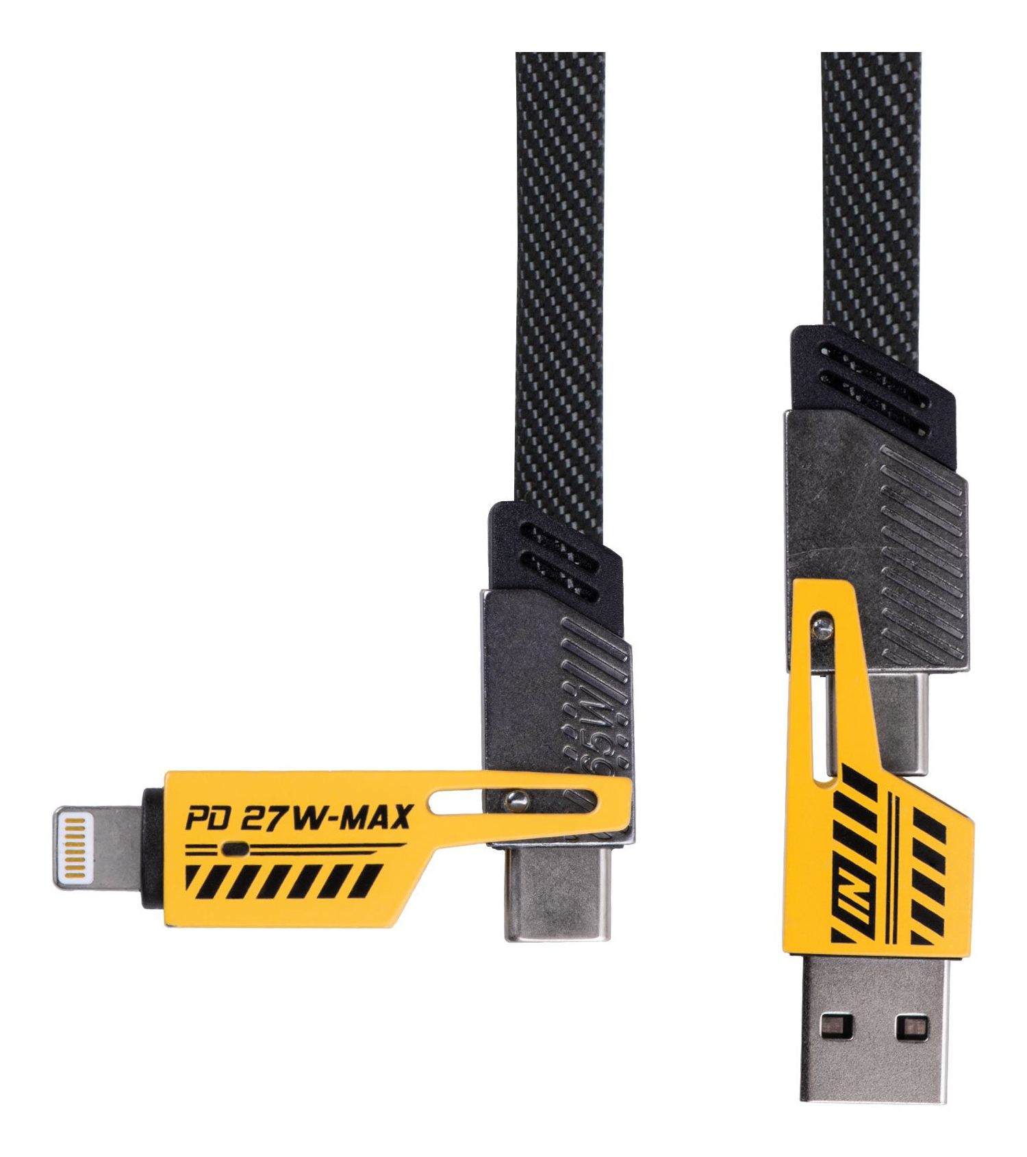 Schwarz-gelbe Ladekabel. Eines hat einen Lightning-Anschluss, das andere USB. Beide haben ein Kohlefaser-Kabel.