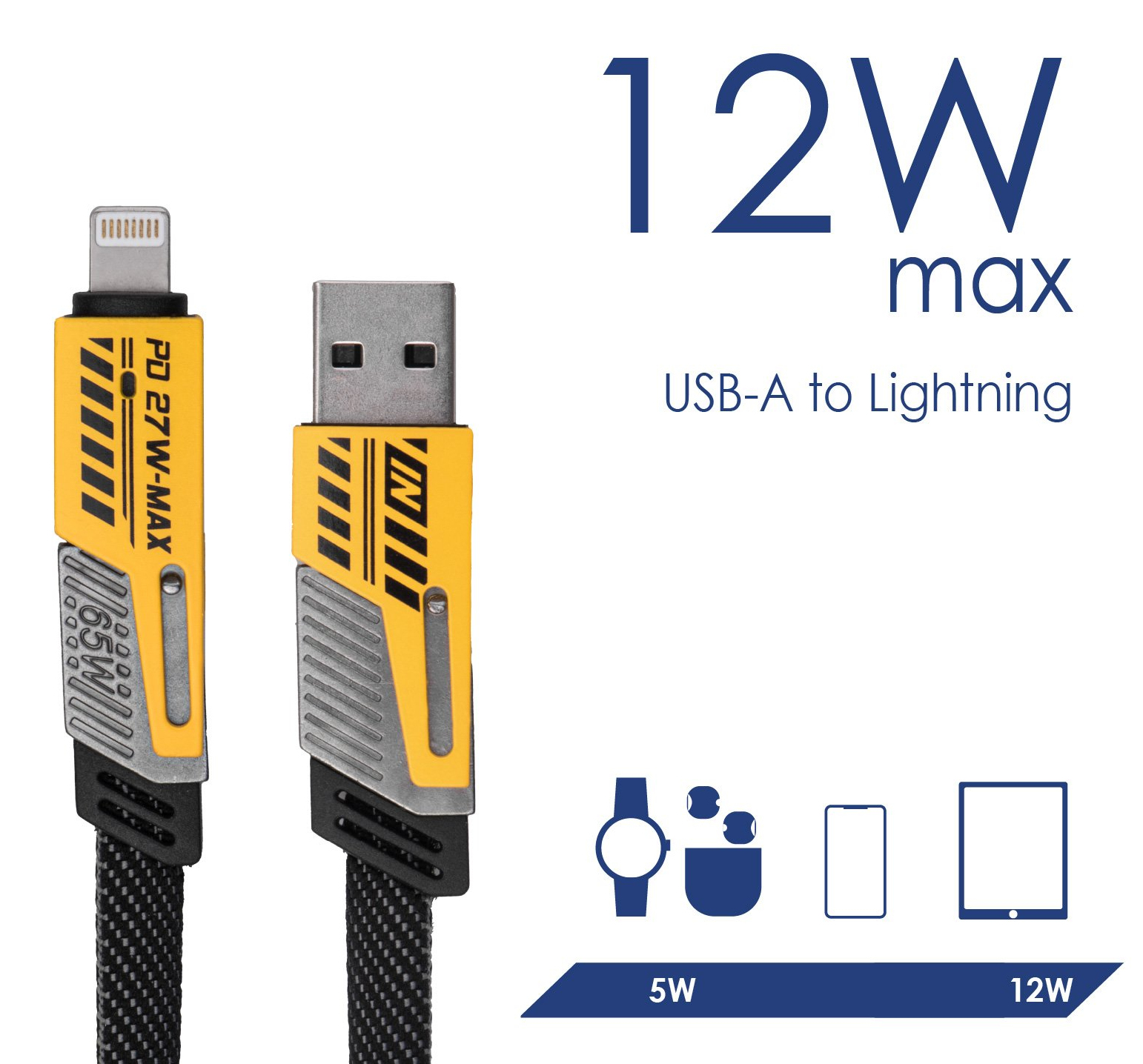 Das Bild zeigt ein USB-A-zu-Lightning-Kabel. Text zeigt 12W max, USB-A zu Lightning und Kompatibilität für Geräte wie Uhren.