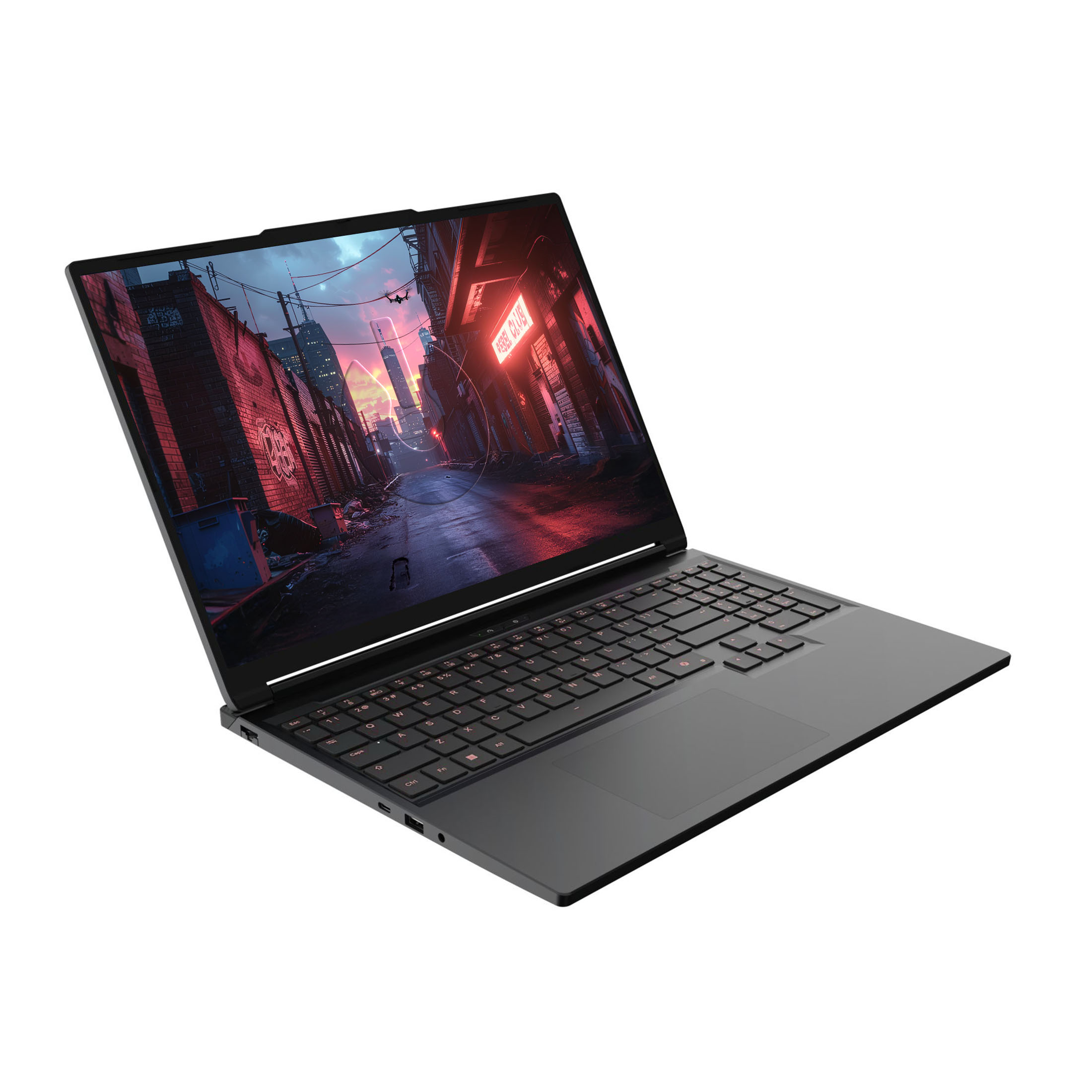 Offener Laptop mit Stadtbild auf dem Bildschirm. Die Tastatur ist sichtbar. Der Hintergrund ist weiß.
