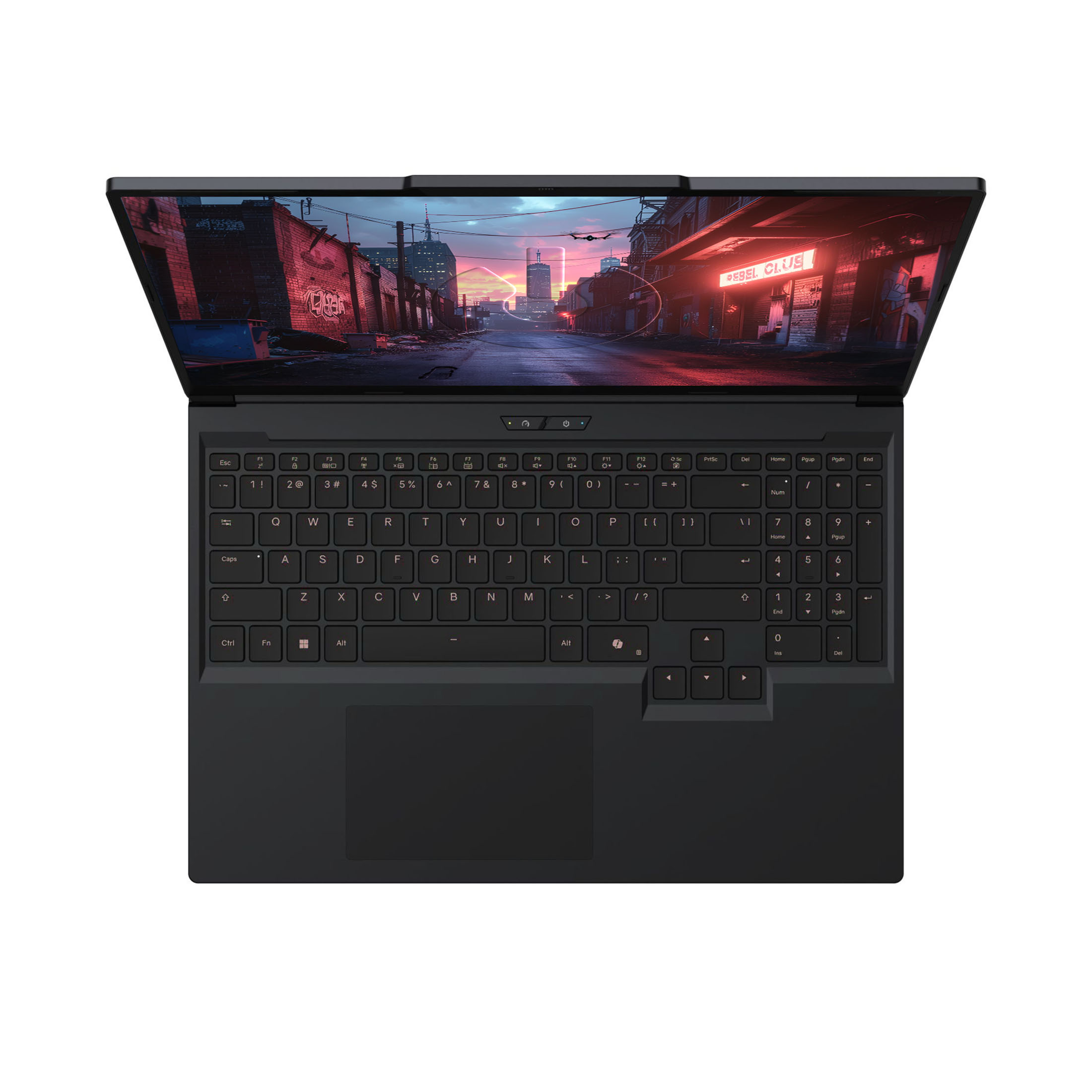Schwarzer Laptop mit offenem Bildschirm, der eine Stadtszene zeigt. Tastatur sichtbar, mit Graffiti und Neonzeichen im Hintergrund.