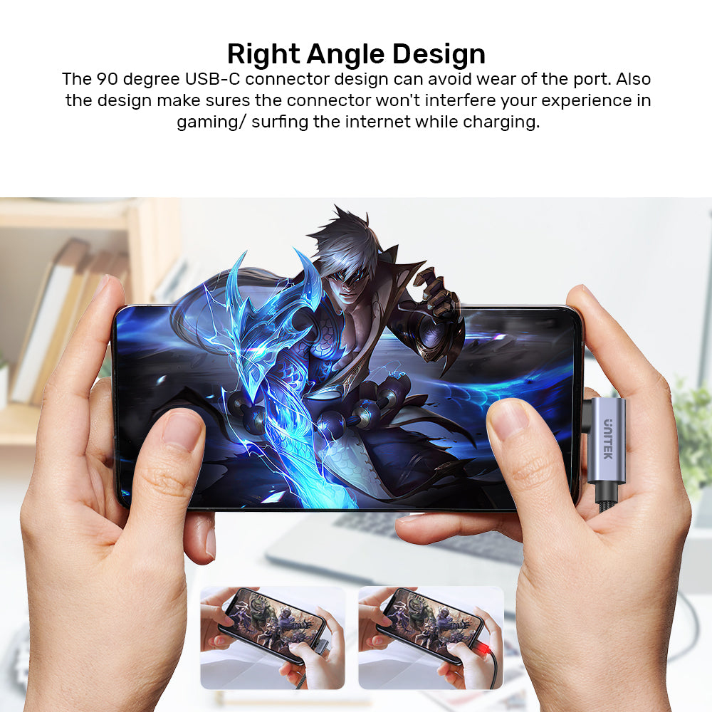 Hände halten Telefon mit Spiel. Ein rechtwinkliges USB-C-Kabel ist angeschlossen. Text: 'Right Angle Design'.