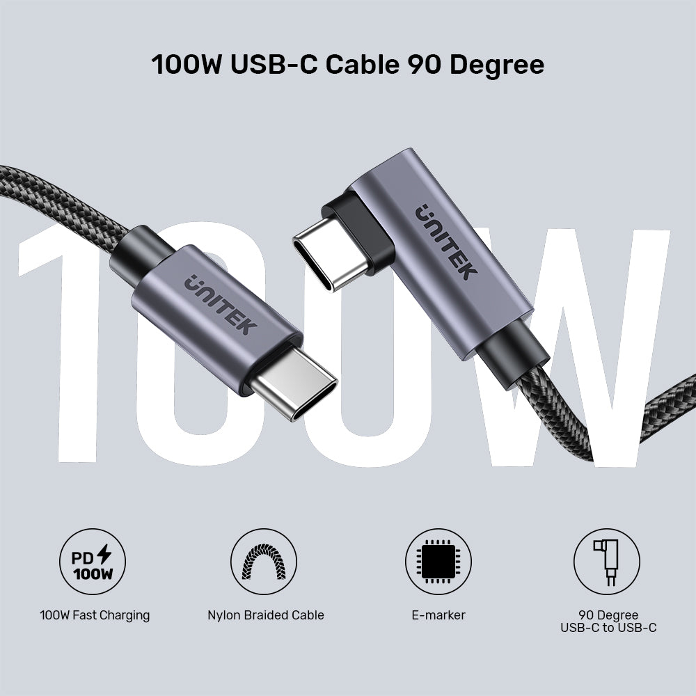 Ein graues UNITEK 100W USB-C-Kabel mit 90-Grad-Winkel. Es hat ein geflochtenes Kabel und Symbole für schnelles Laden und E-Marker.