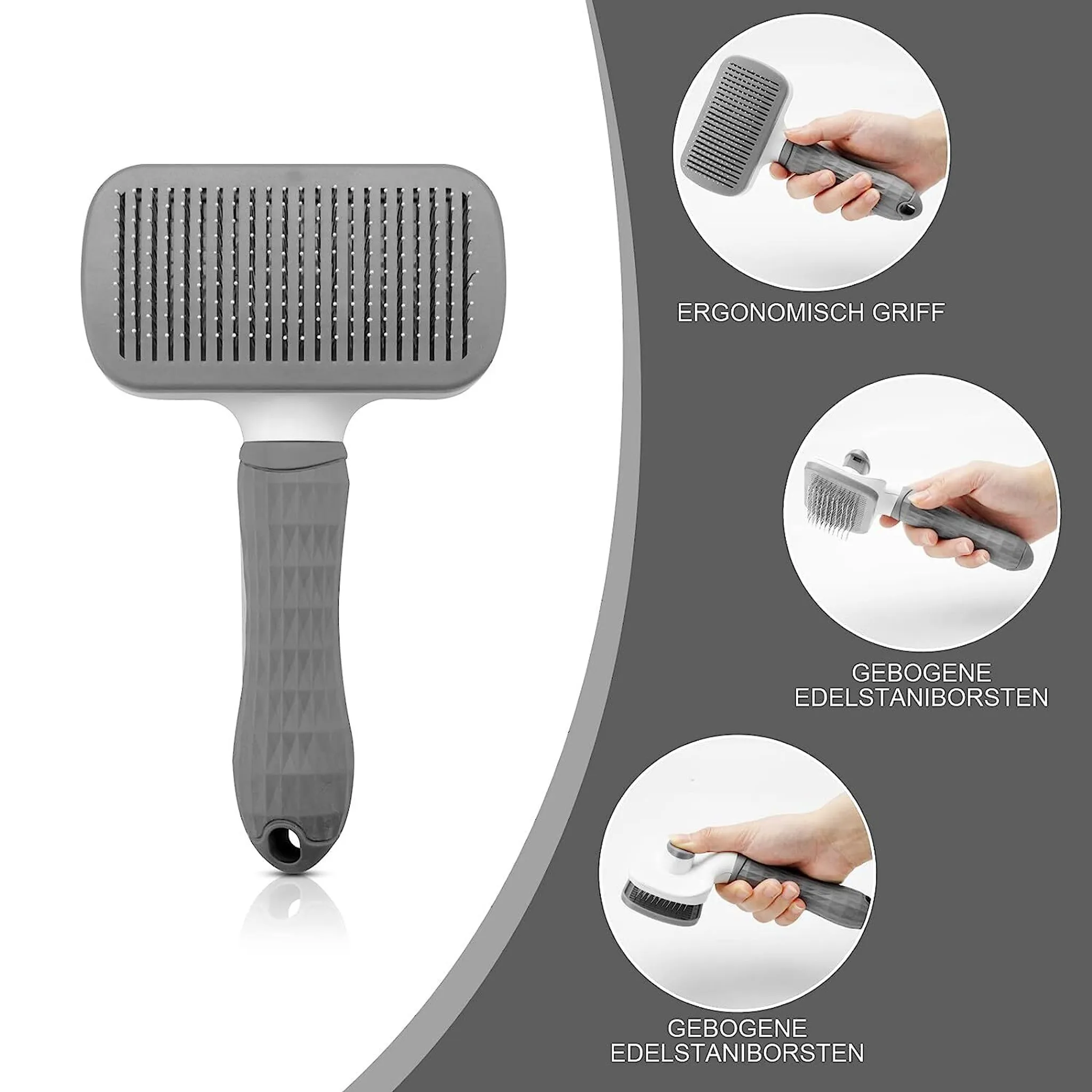 Graue Haustierbürste mit ergonomischem Griff. Detailaufnahmen zeigen die Bürste in Gebrauch und ihre Funktionen.