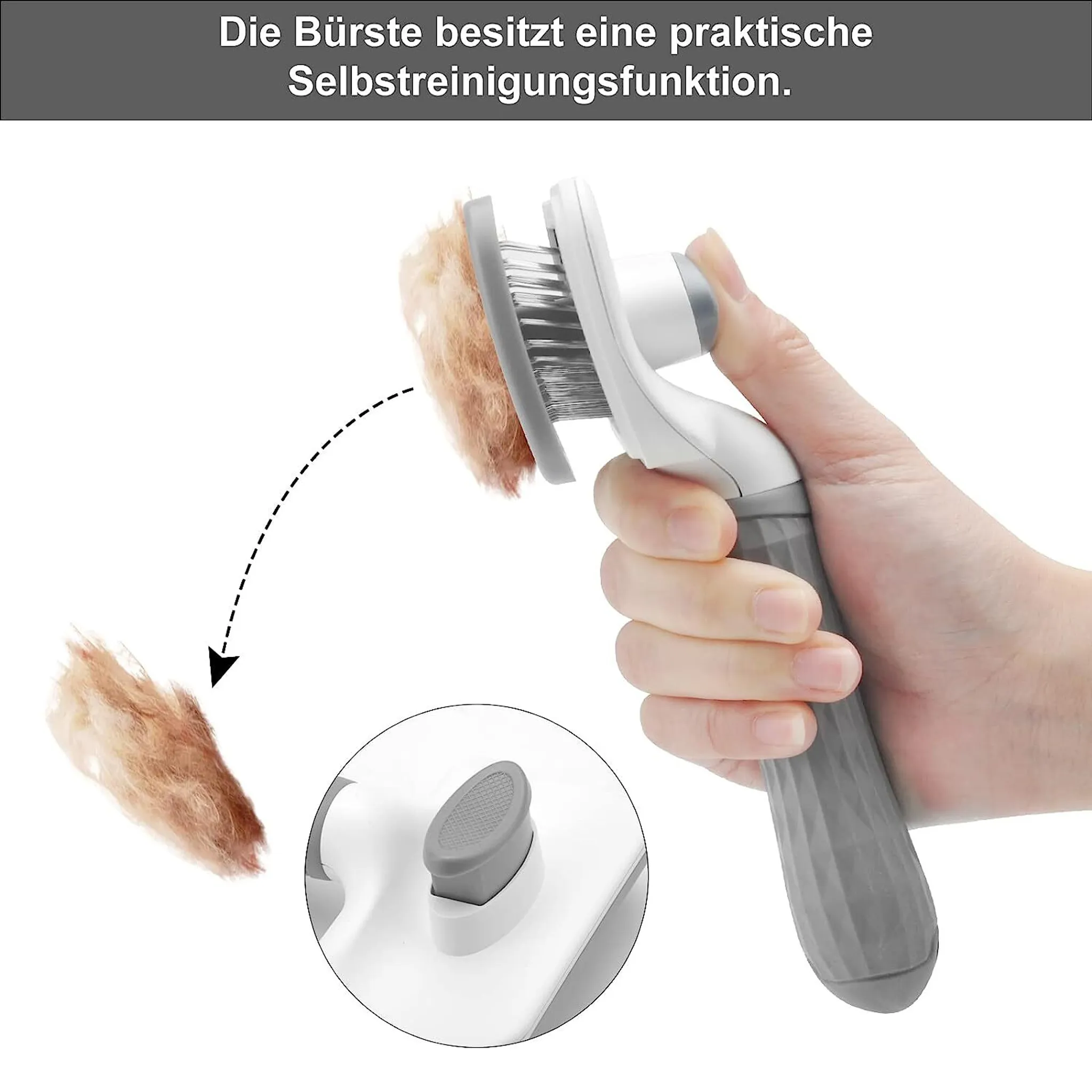 Eine Hand hält eine grau-weiße Haustierbürste mit Fellansatz. Oben steht: 'Die Bürste hat eine praktische Selbstreinigungsfunktion'.
