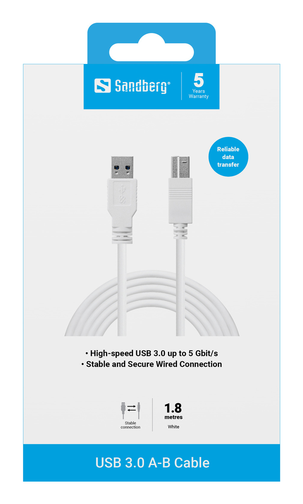Câble USB 3.0 A-B blanc dans l'emballage. Le logo de la marque Sandberg et les détails du produit sont visibles.