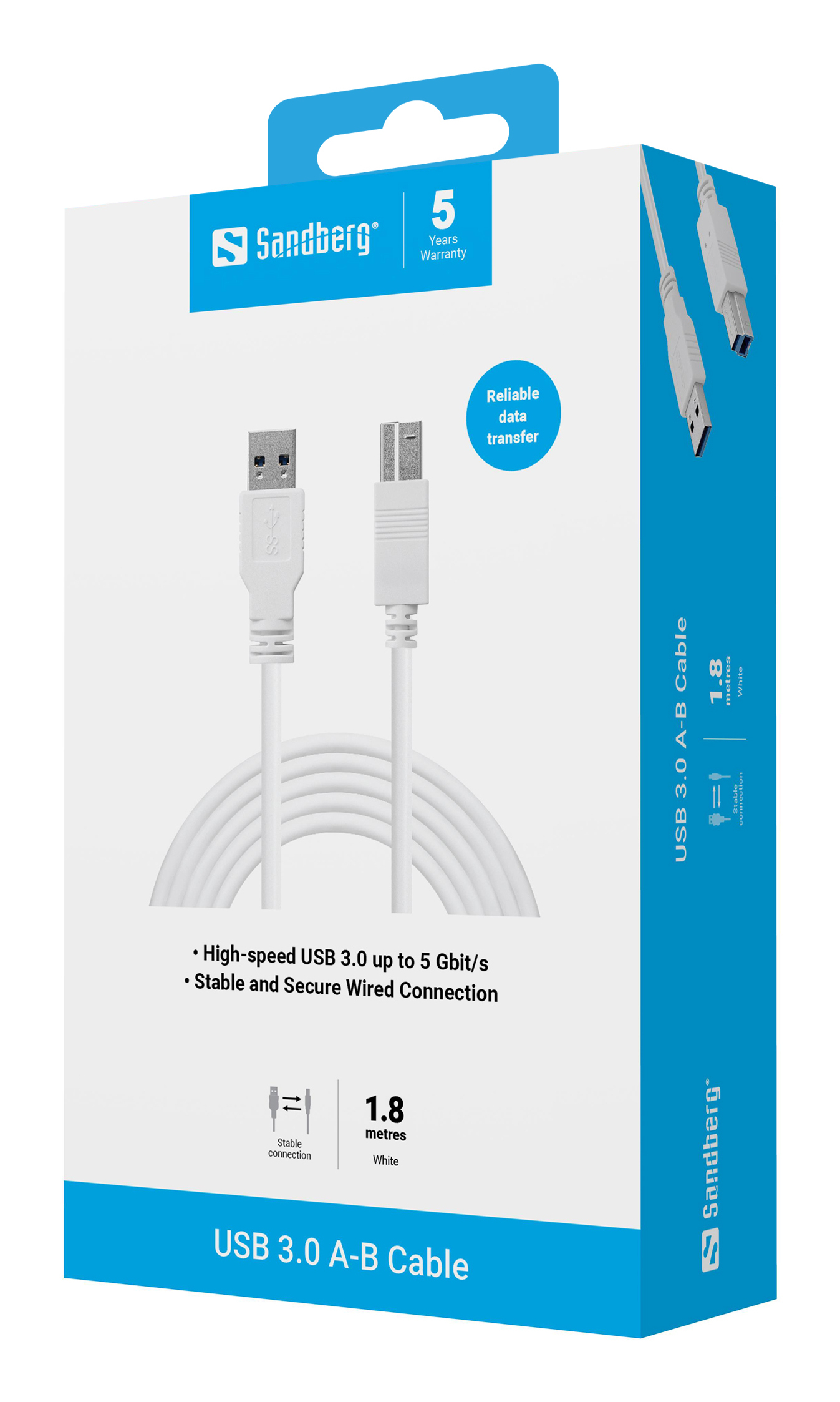 Câble USB 3.0 A-B Sandberg blanc, 1,8 mètre, sur une boîte blanche et bleue.  Transfert de données à haut débit.