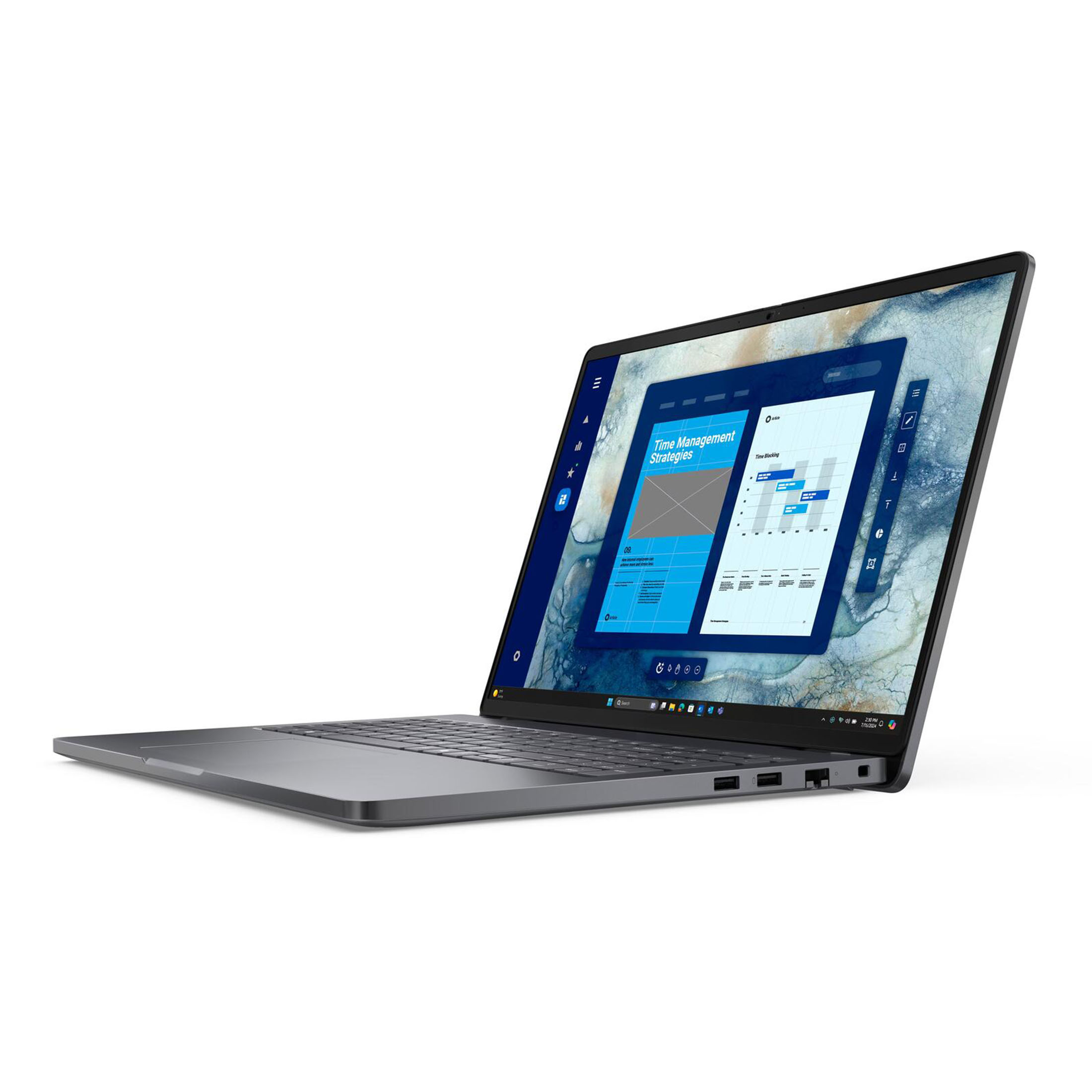 Ein grauer Laptop zeigt eine Zeitmanagement-Präsentation. Der Bildschirm zeigt eine blaue Oberfläche auf weißem Hintergrund.