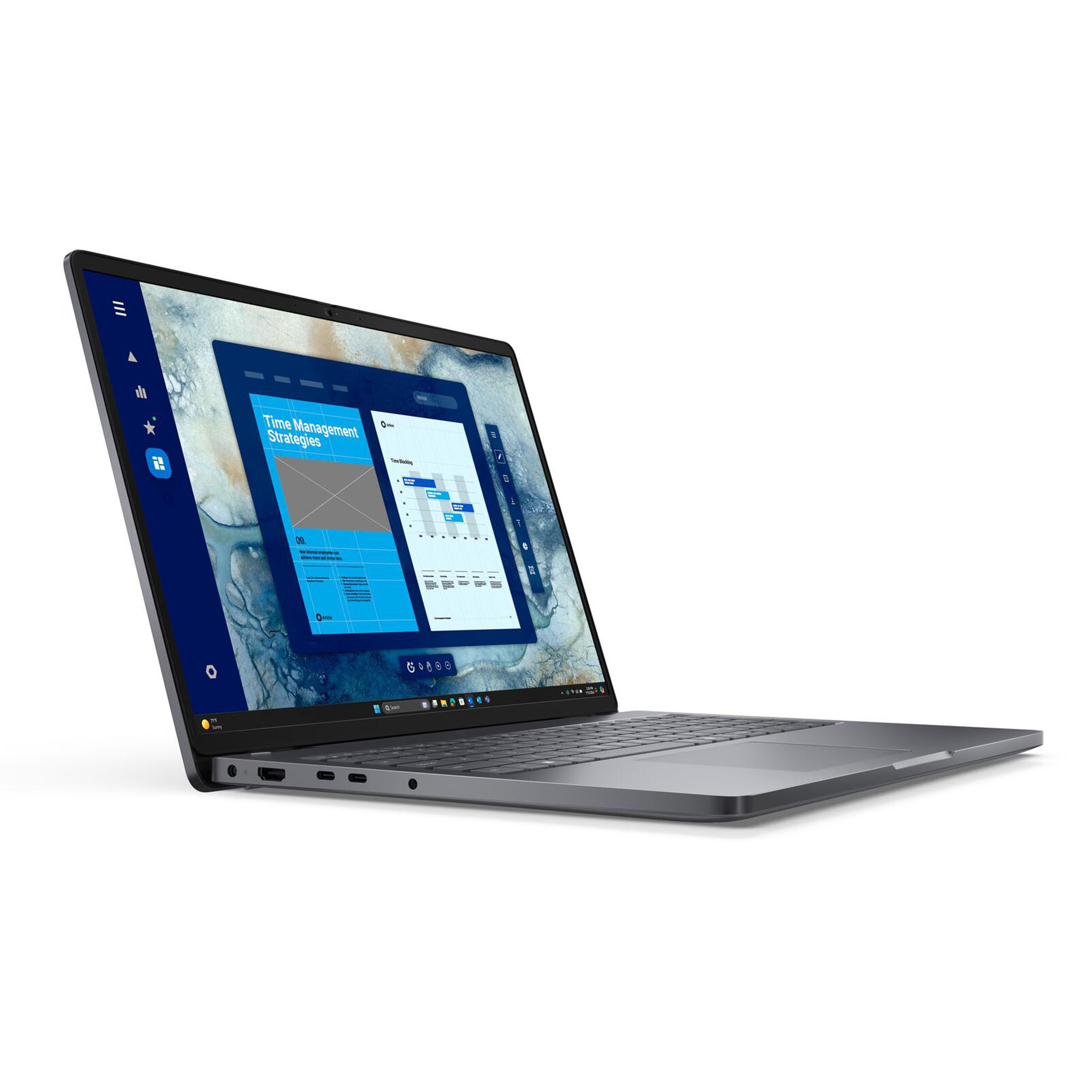 Ein Laptop zeigt Zeitmanagementstrategien an. Der Bildschirm zeigt Diagramme auf hellem Hintergrund. Der Laptop ist grau.