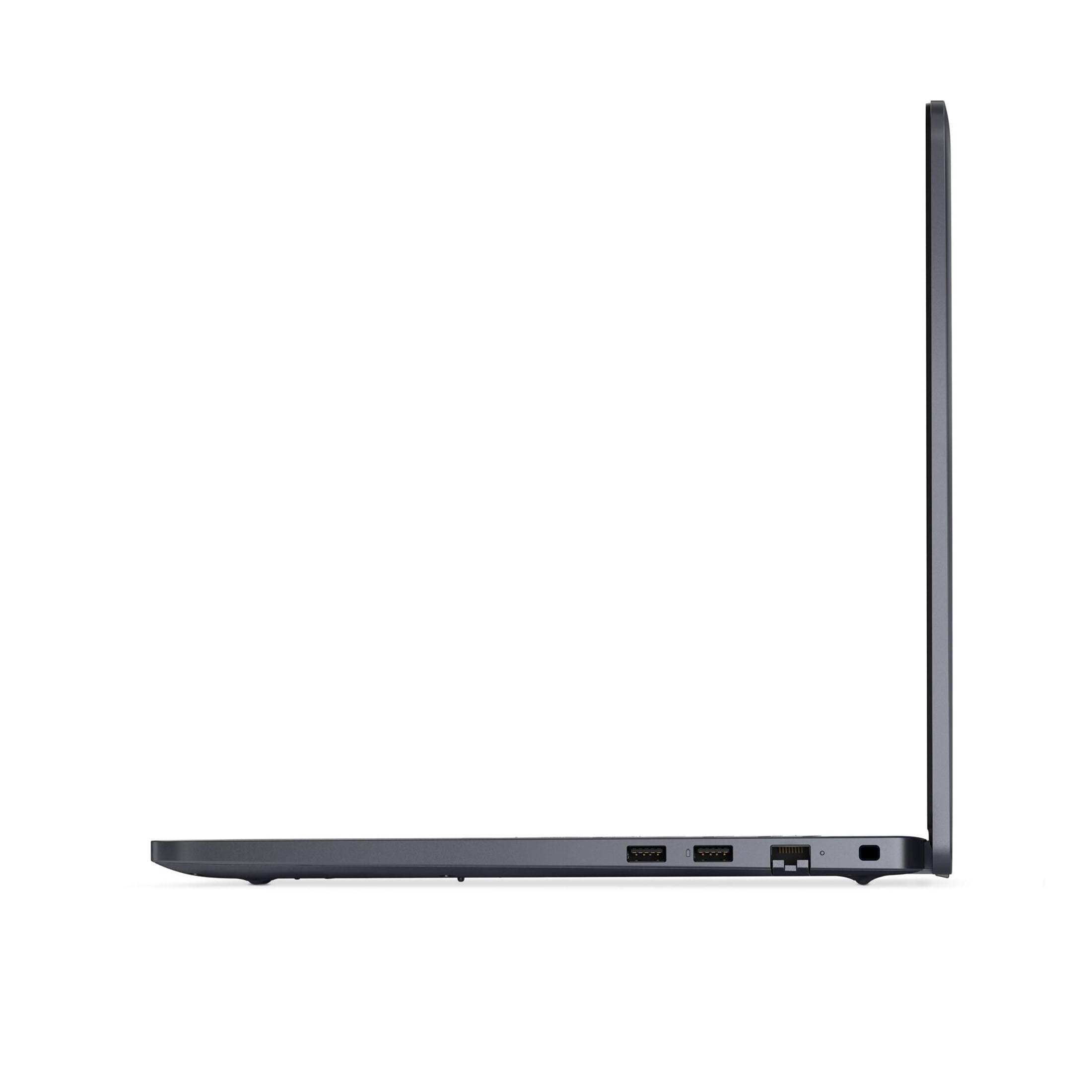 Seitenansicht eines dunkelgrauen Laptops. Anschlüsse sind sichtbar. Der Bildschirm ist geschlossen. Der Hintergrund ist weiß.