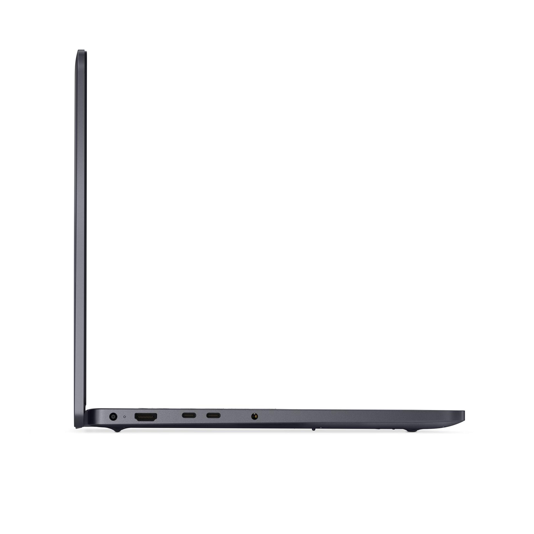 Seitenansicht eines dunkelgrauen Laptops auf weißem Hintergrund. Sichtbare Anschlüsse sind HDMI und USB-C.