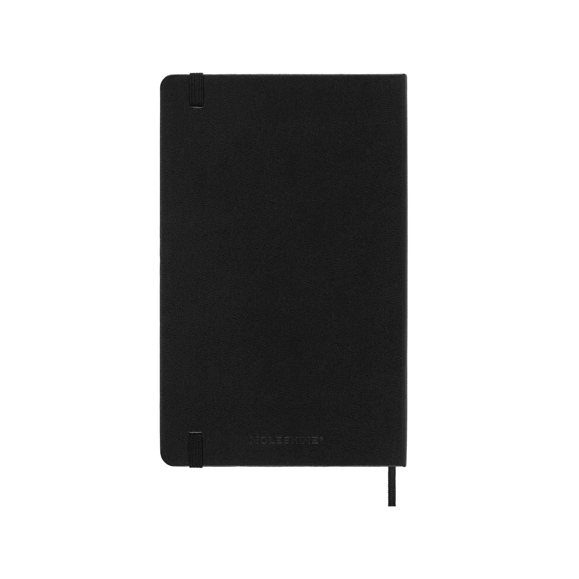 Ein geschlossenes, schwarzes Moleskine-Notizbuch mit schwarzem Gummiband und Band-Lesezeichen auf weißem Hintergrund.