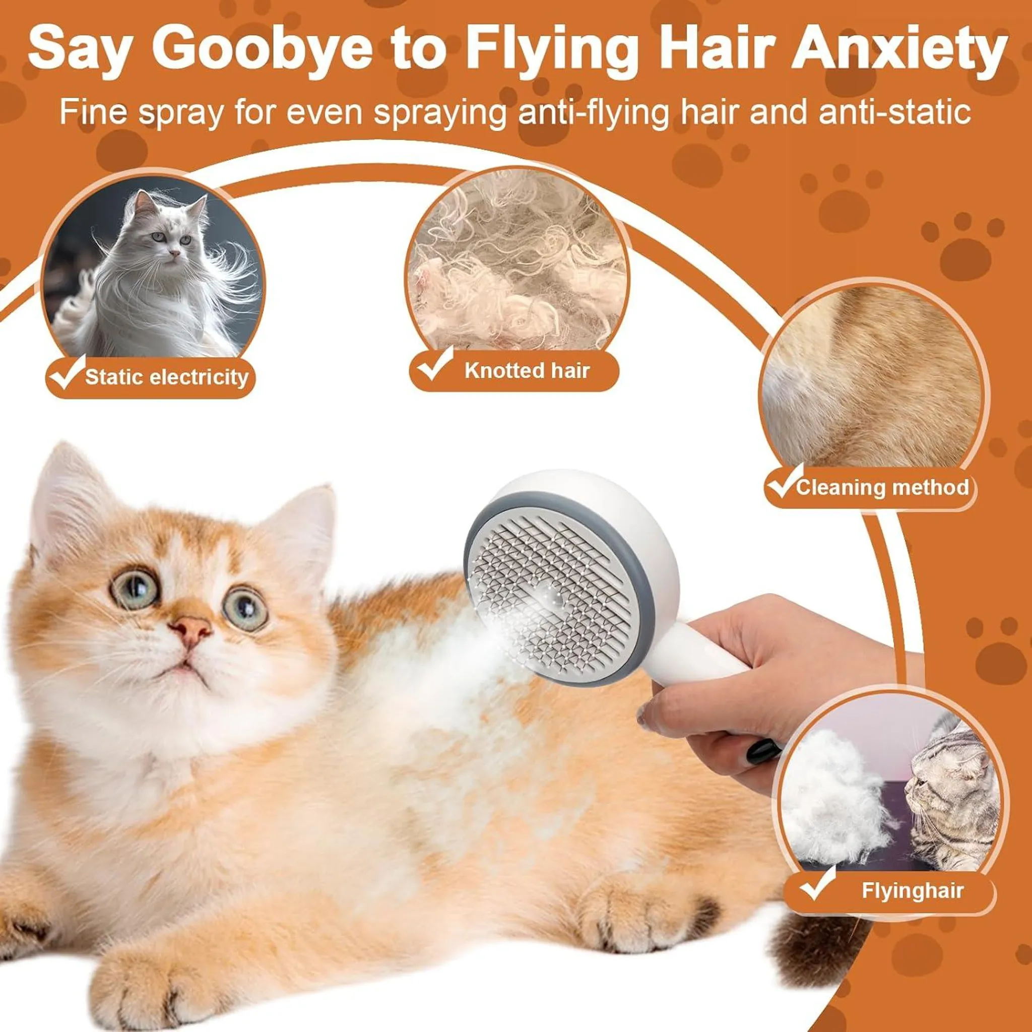 Eine orange Katze wird mit einem Werkzeug gebürstet, andere Bilder zeigen Haarprobleme und Lösungen.