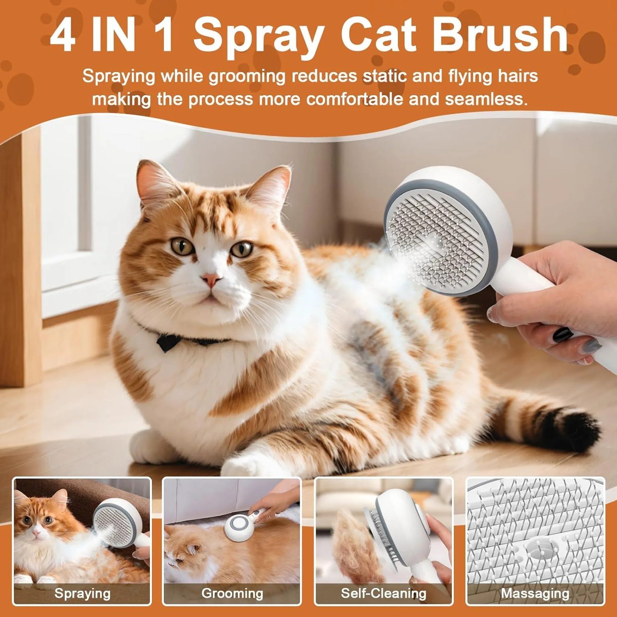 Eine Katze, die mit einer weiß-grauen Bürste gebürstet wird. Text lautet: '4 in 1 Spray-Katzenbürste'.